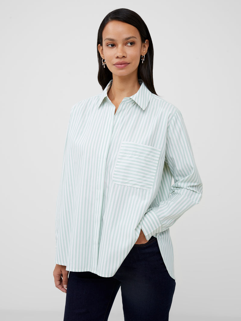 Thick Stripe Relaxed Popover Shirt White/Aqua Foam | French Connection UK