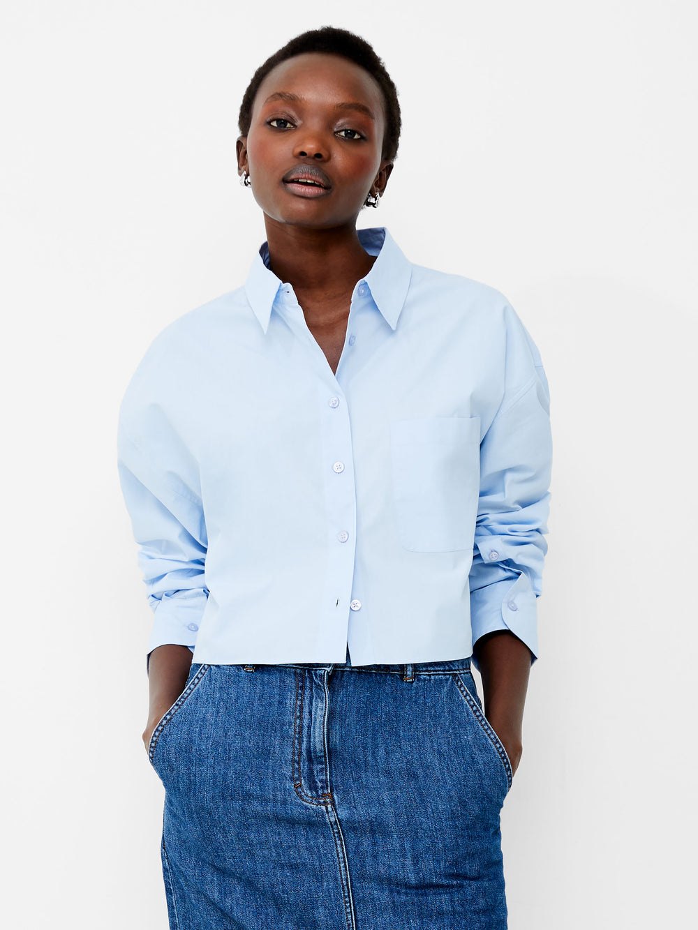 Blue cropped on sale shirt