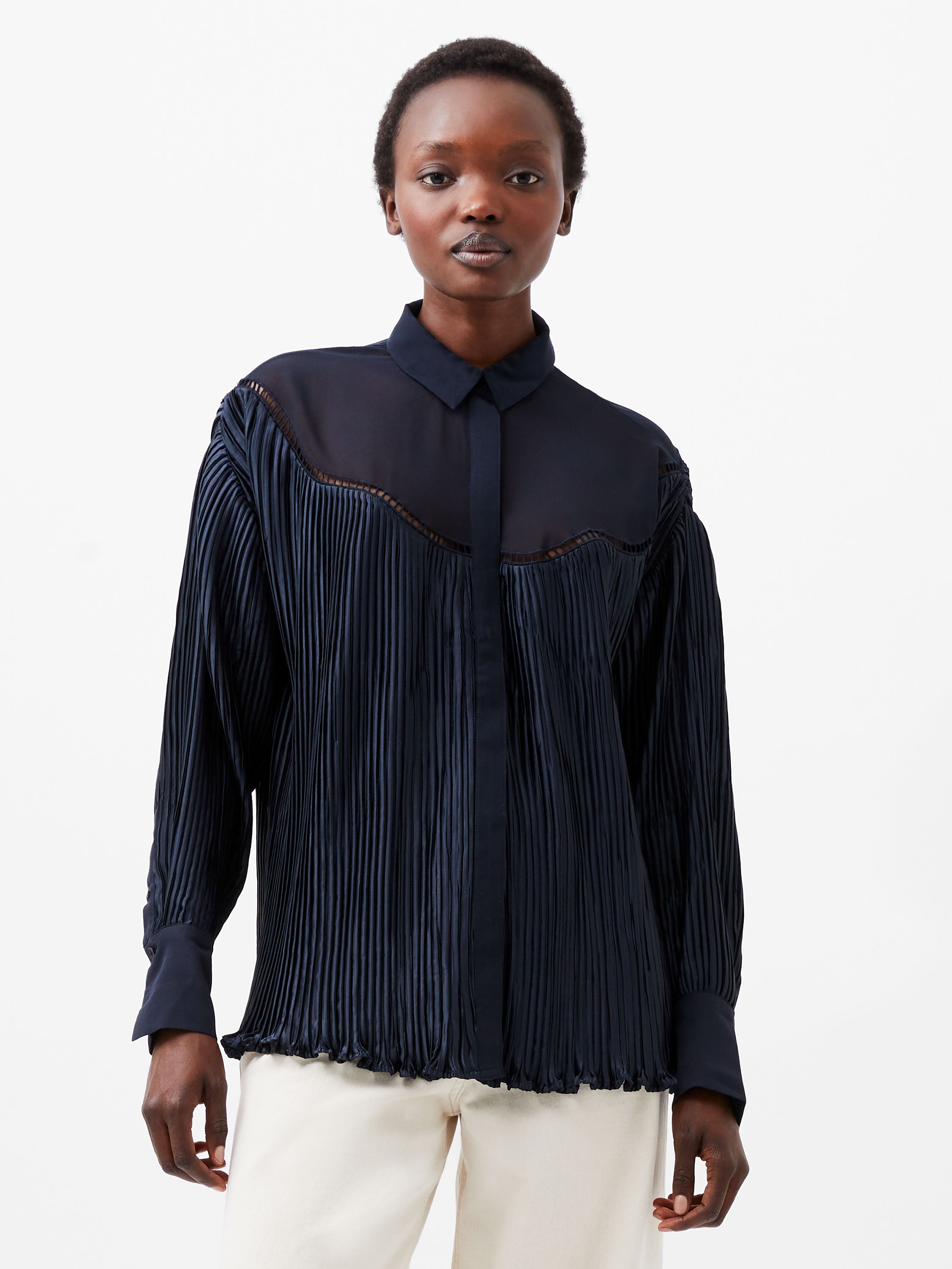 Crina Crinkle Satin Georgette Mix Shirt Marine French Connection UK