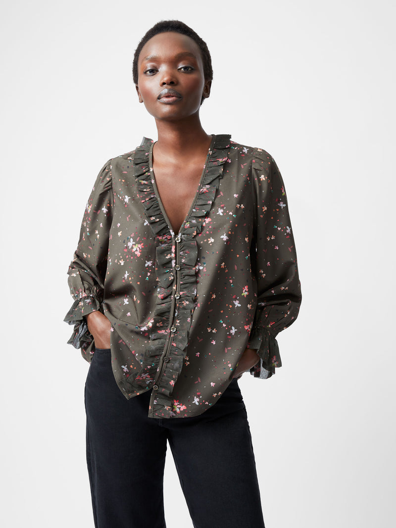 Carina Recycled Abeny Crepe Ruffle Top Olive Night Multi | French ...