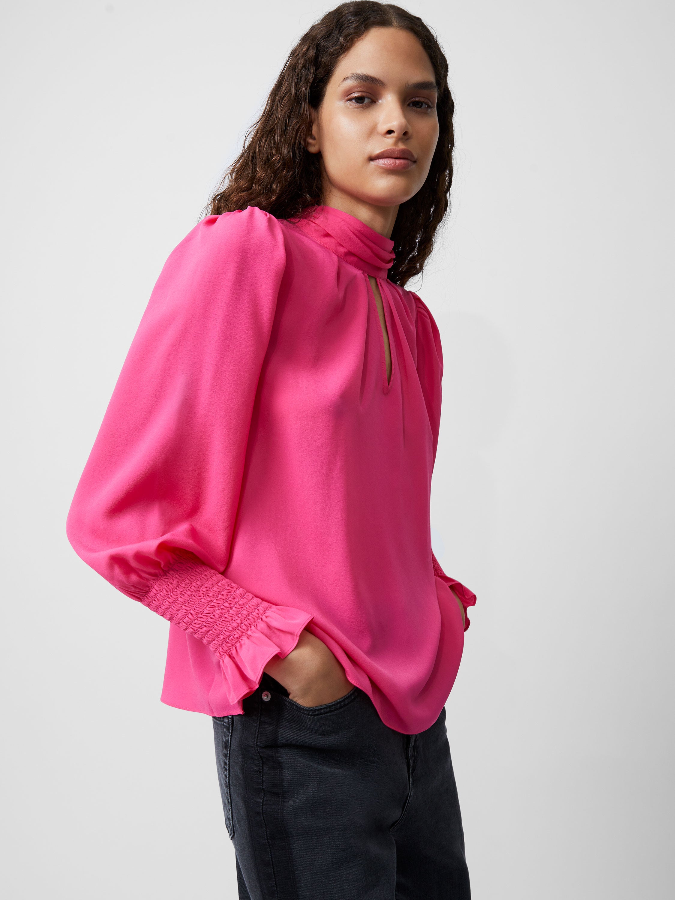 Crepe Light High Neck Long Sleeve Top Luminous Pink French Connection UK