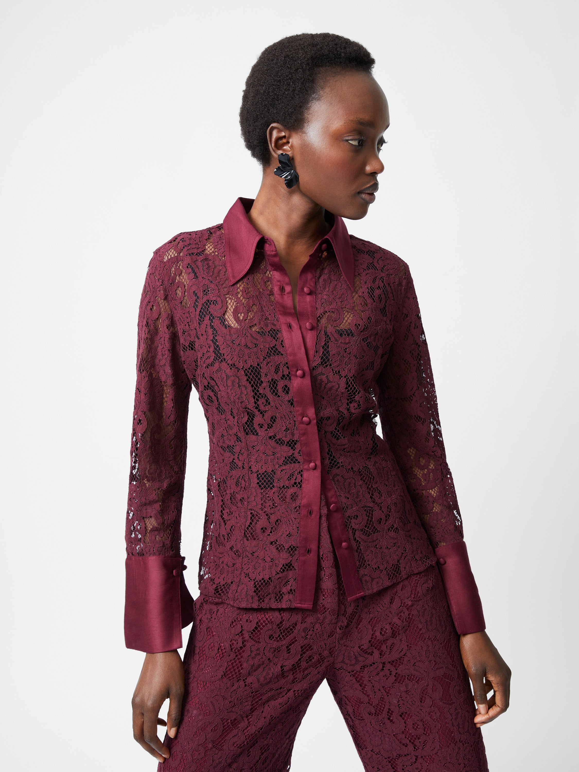 Asura Lace Long Sleeve Shirt Burgundy Red French Connection UK