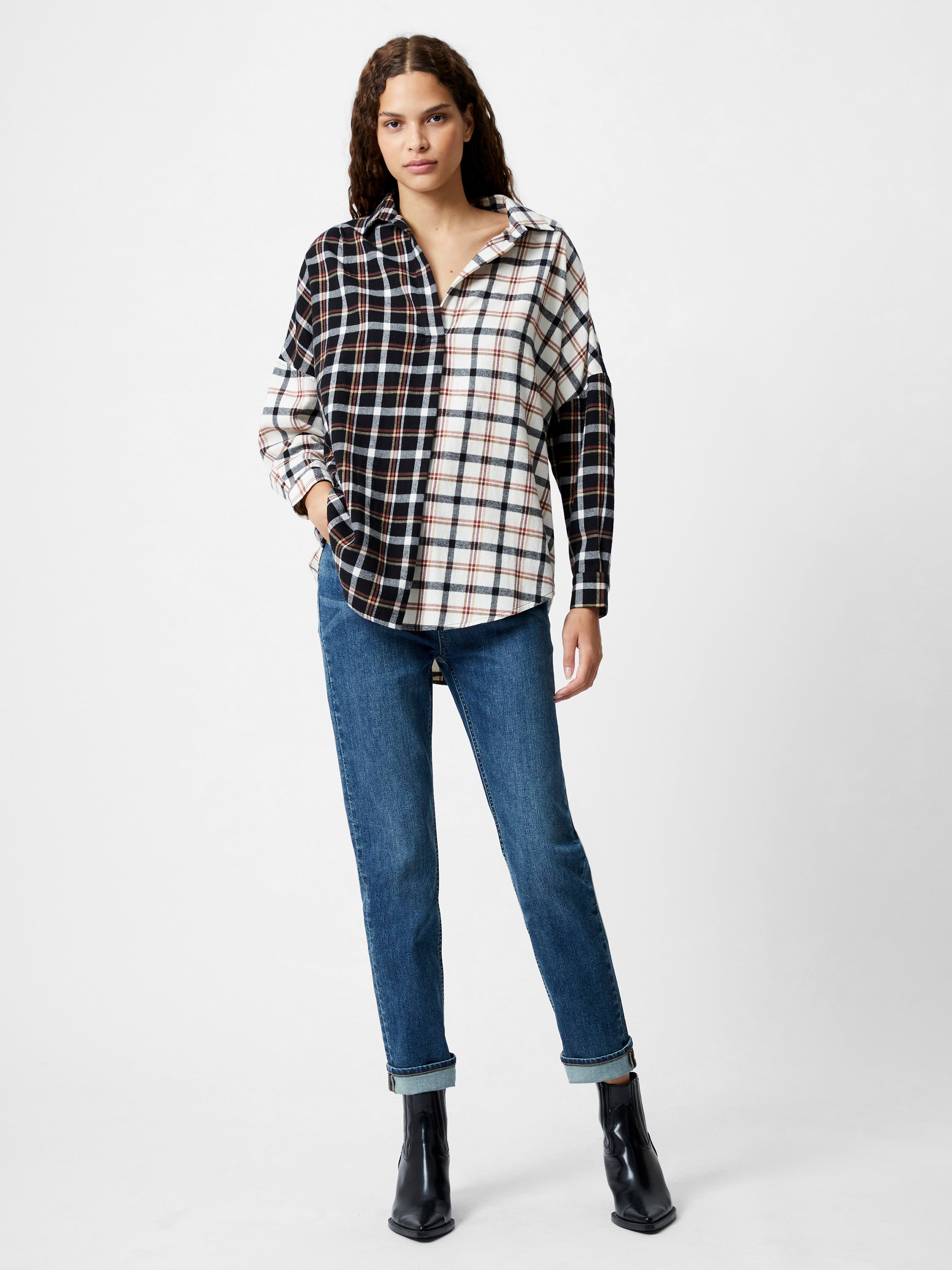 Mixed Flannel Check Popover Shirt