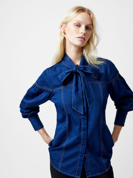 Zaves Chambray Tie Neck Button Up Shirt