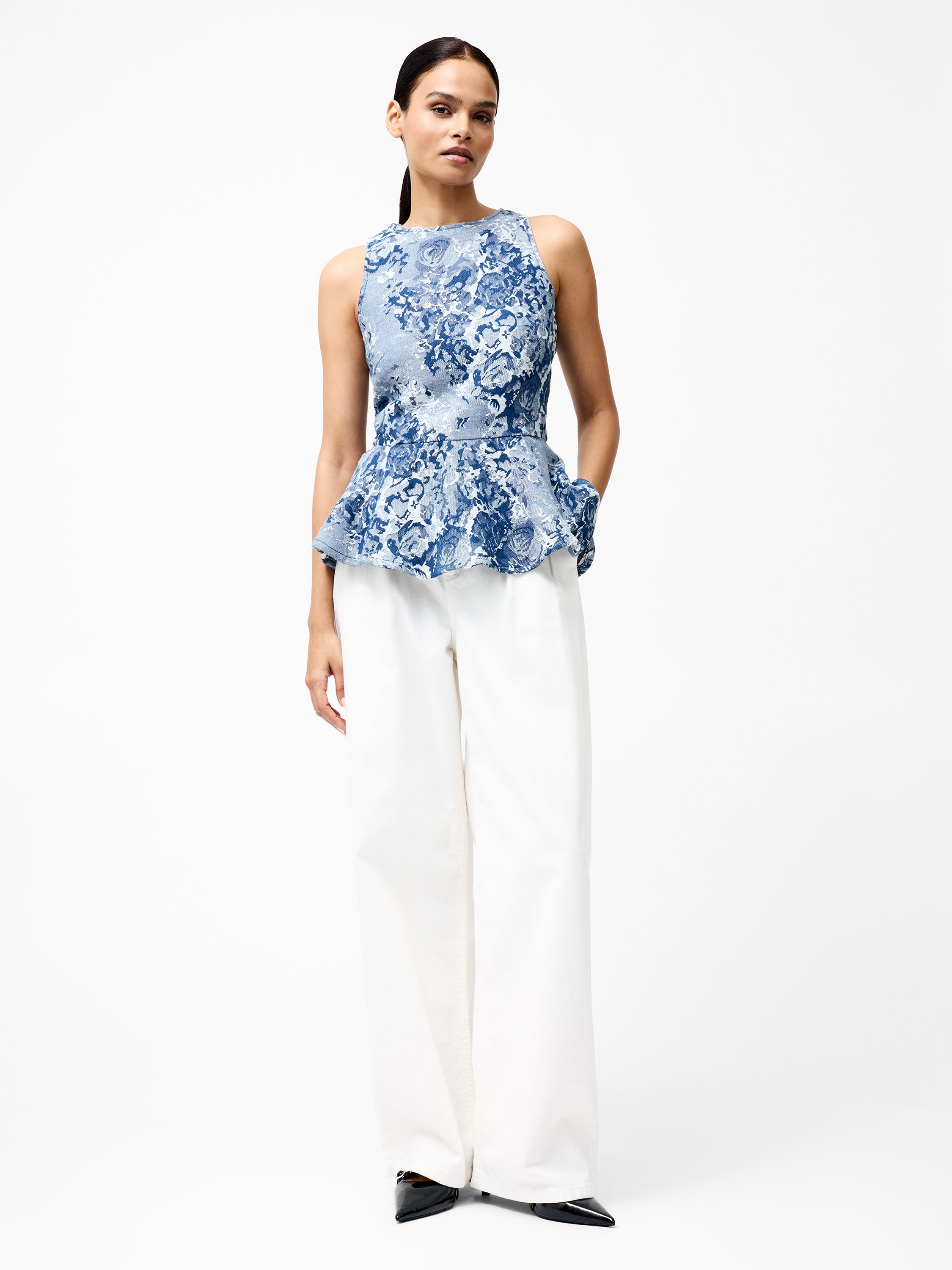 Charlotte Denim Jacquard Peplum Top