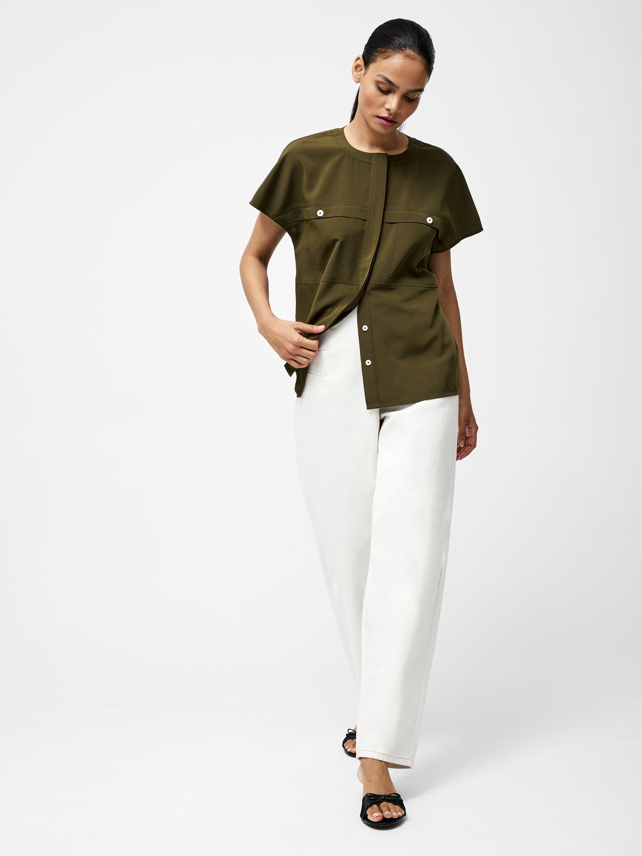 Capriana Crepe Cap Sleeve Yoke Top