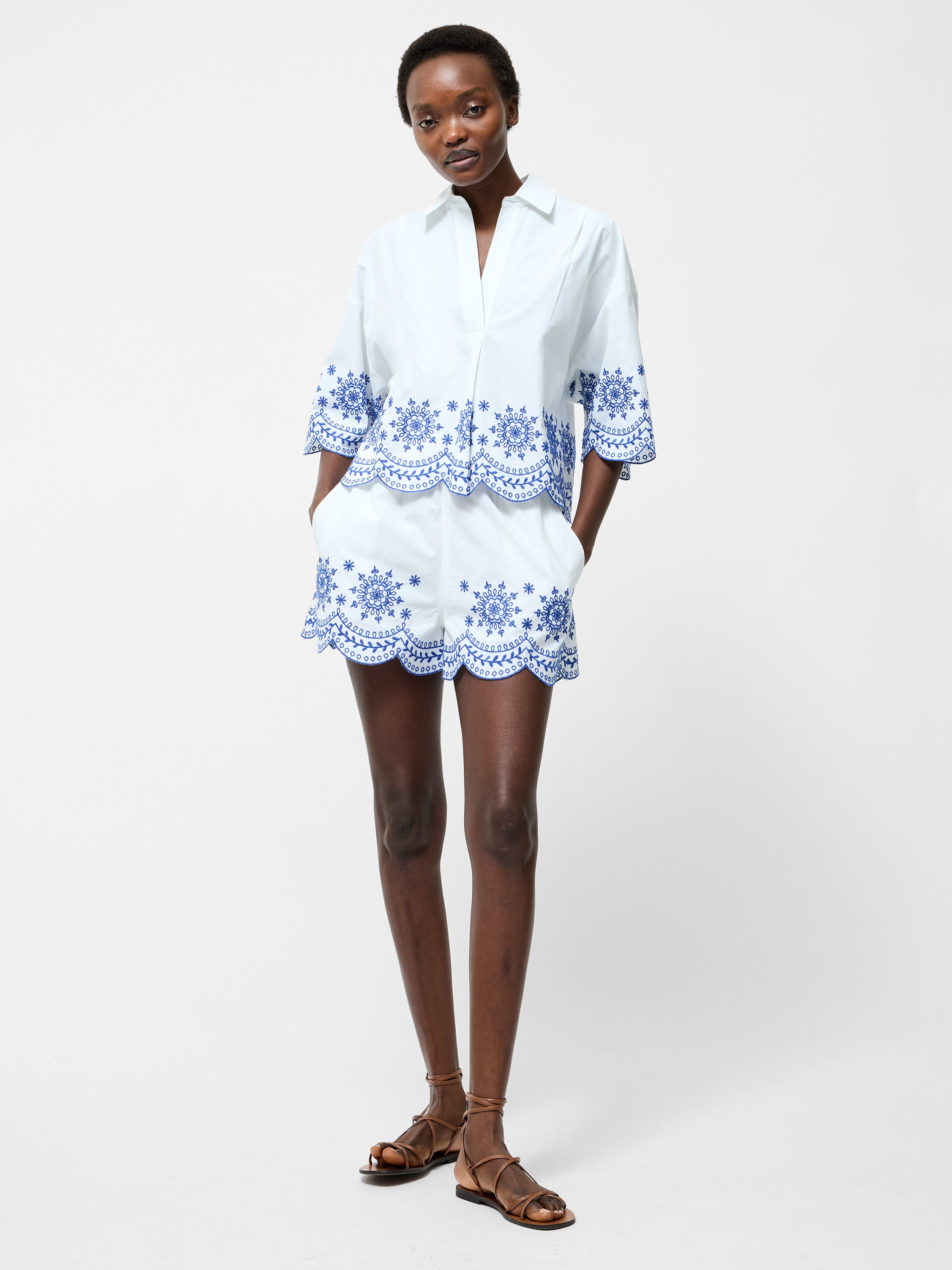Embroidered Hem Popover Short Sleeve Shirt Linen White Multi
