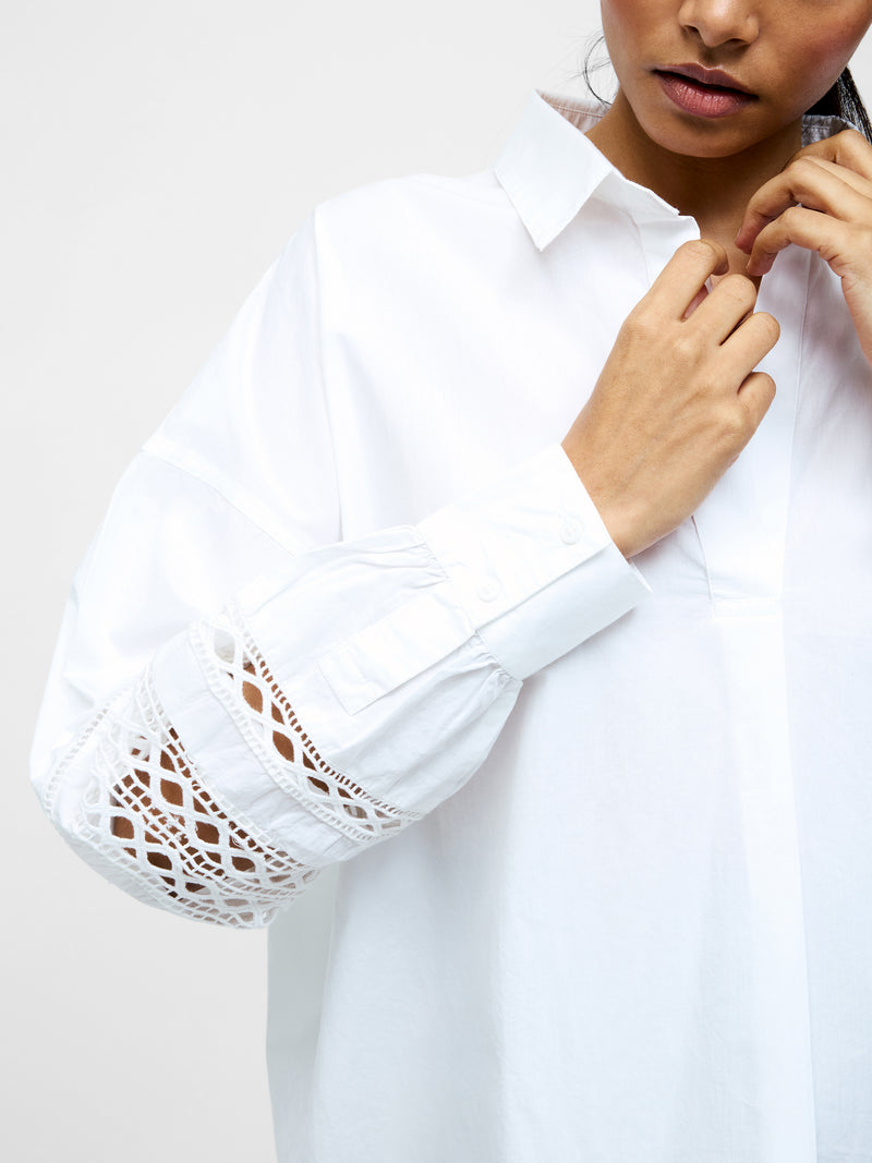 Crochet Trim Poplin Long Sleeve Popover Shirt