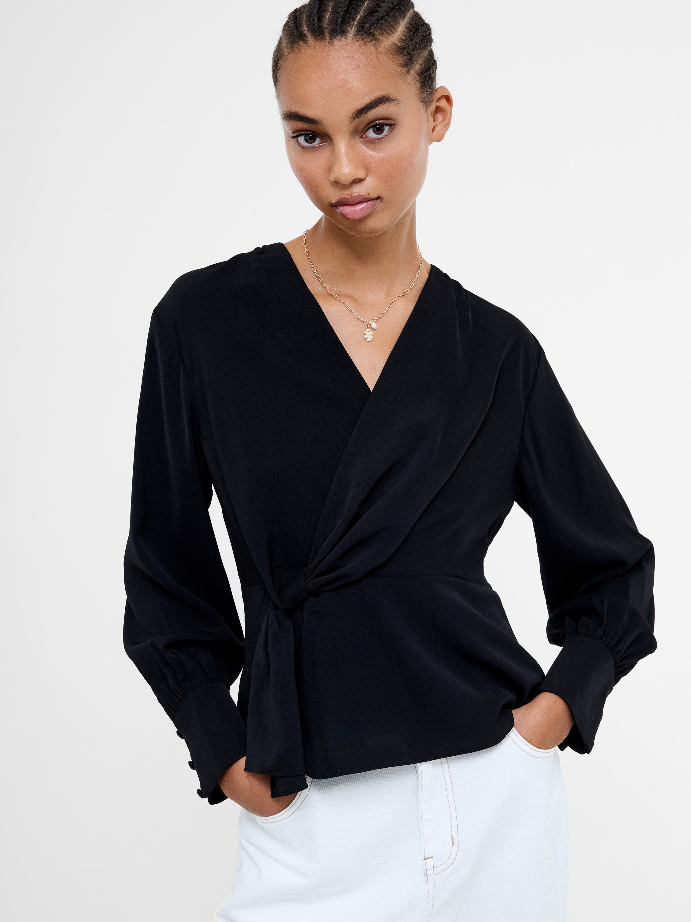 Laurel Crepe Wrap Peplum Top Blackout | French Connection UK