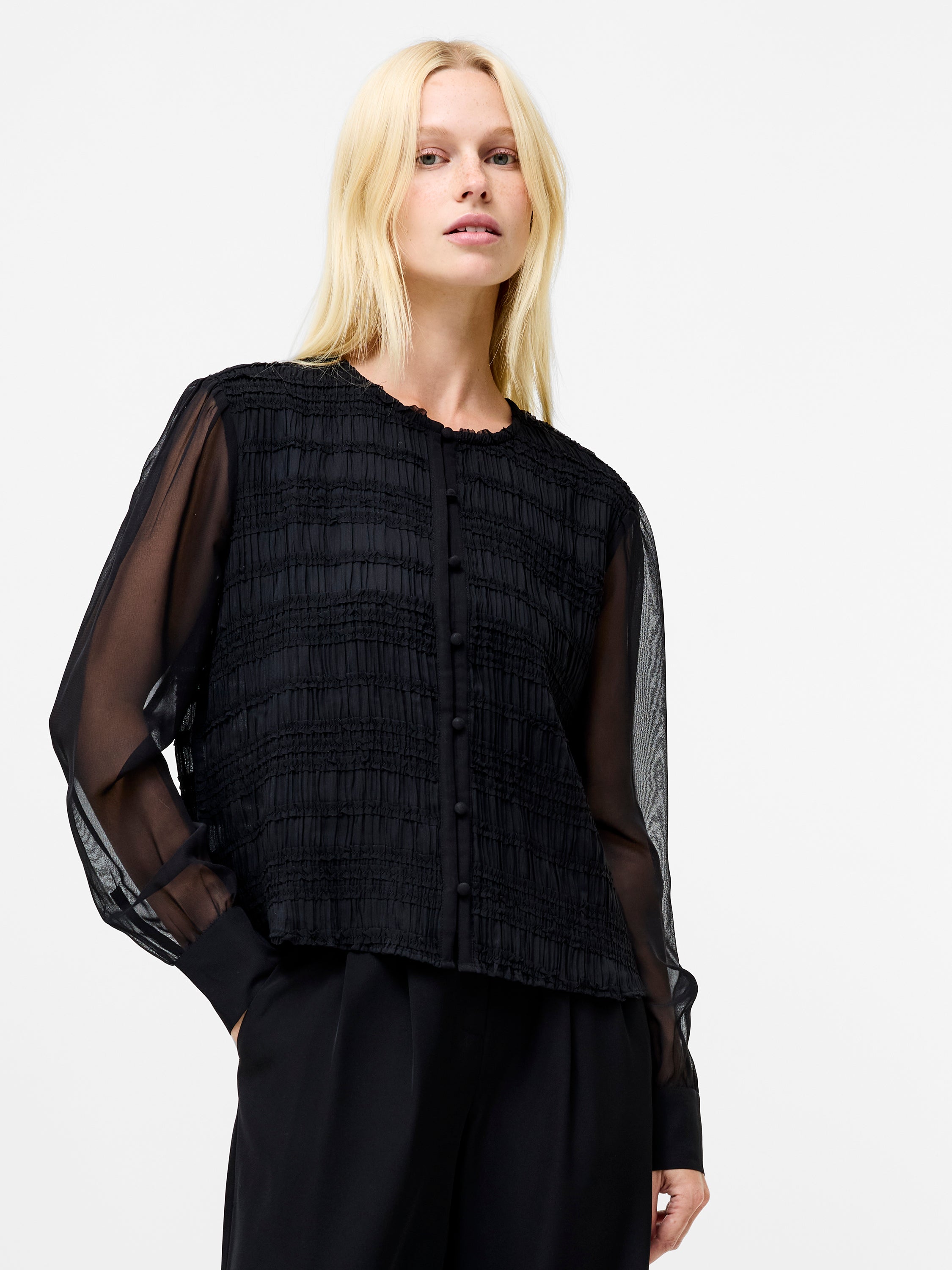 Canary Pleated Long Sleeve Shirt Black | French Connection UK