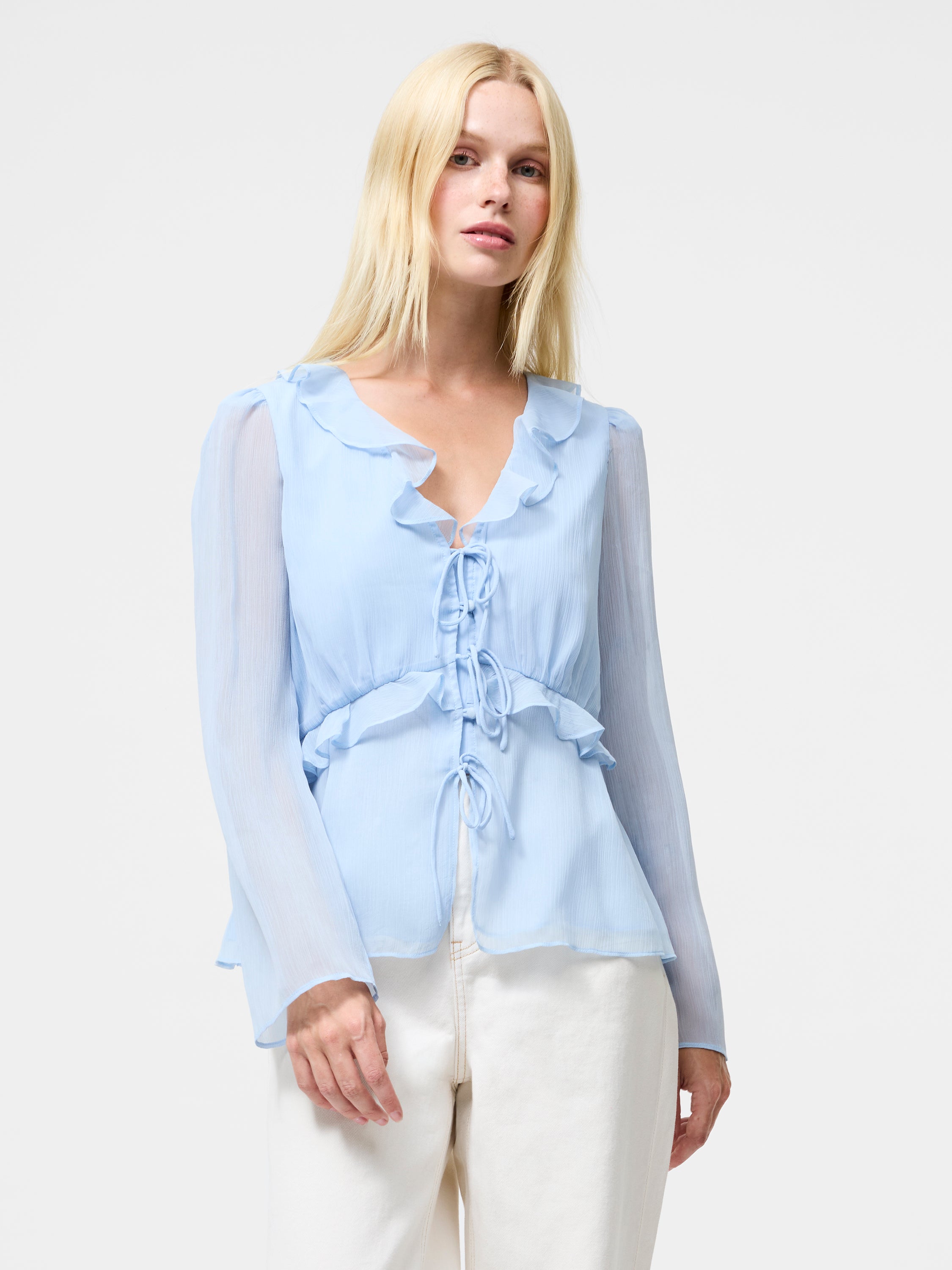 Emina Chiffon Frill Tie Up Top Arctic Blue | French Connection UK