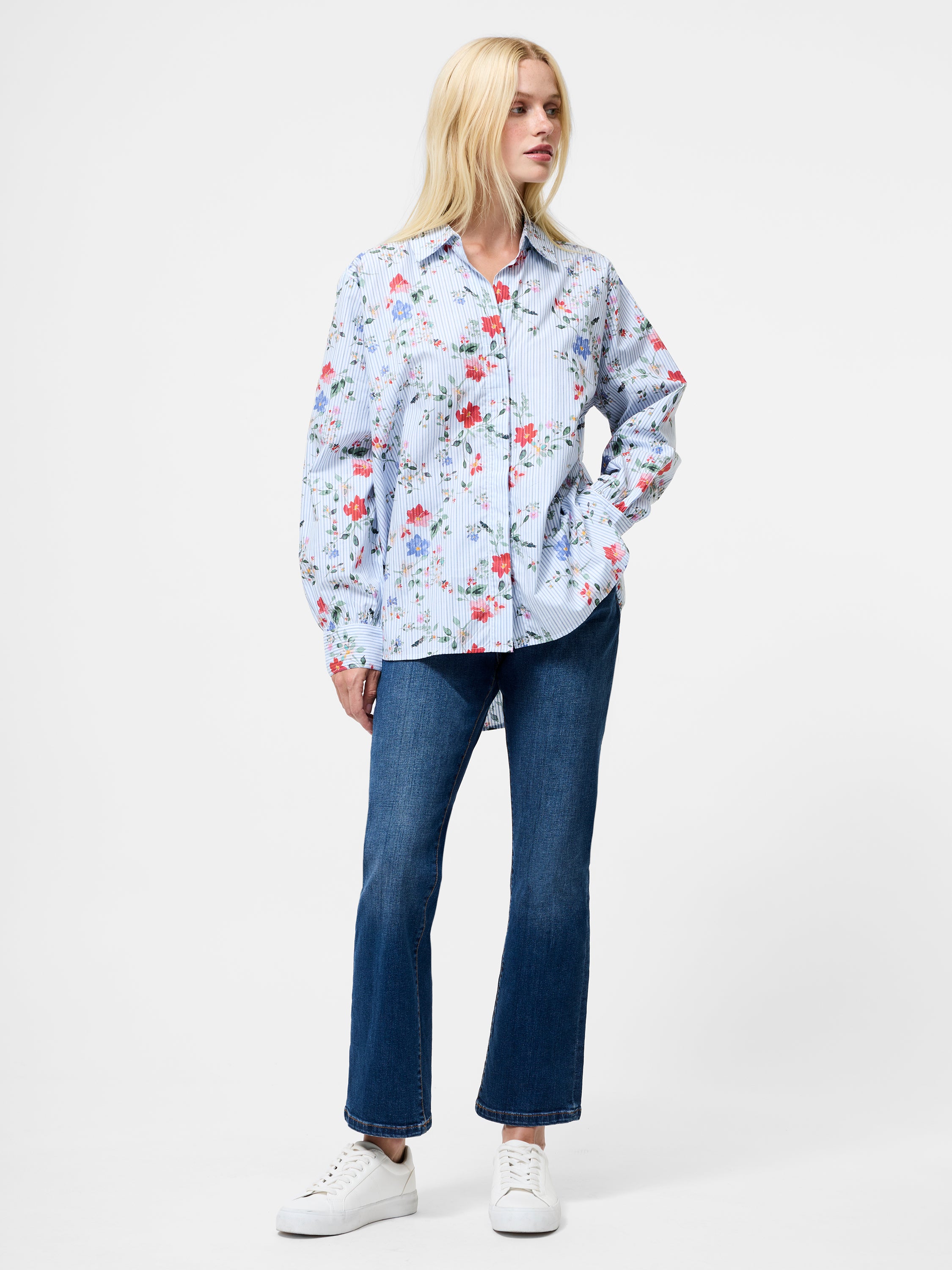 Floral Stripe Printed Long Sleeve Shirt Floral Striped Blue Multi