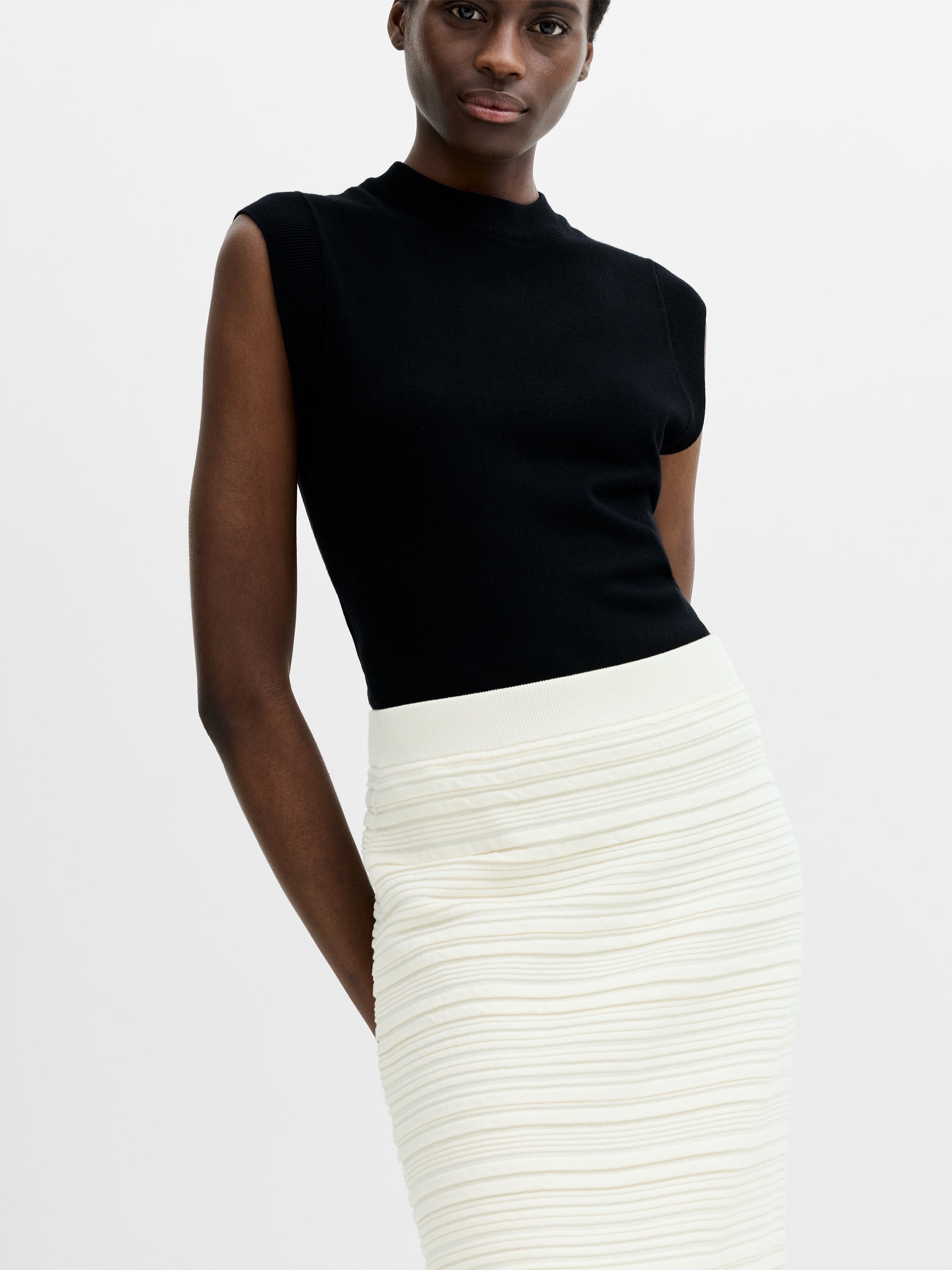 Mayim Ribbed Knit Cream Midi Skirt