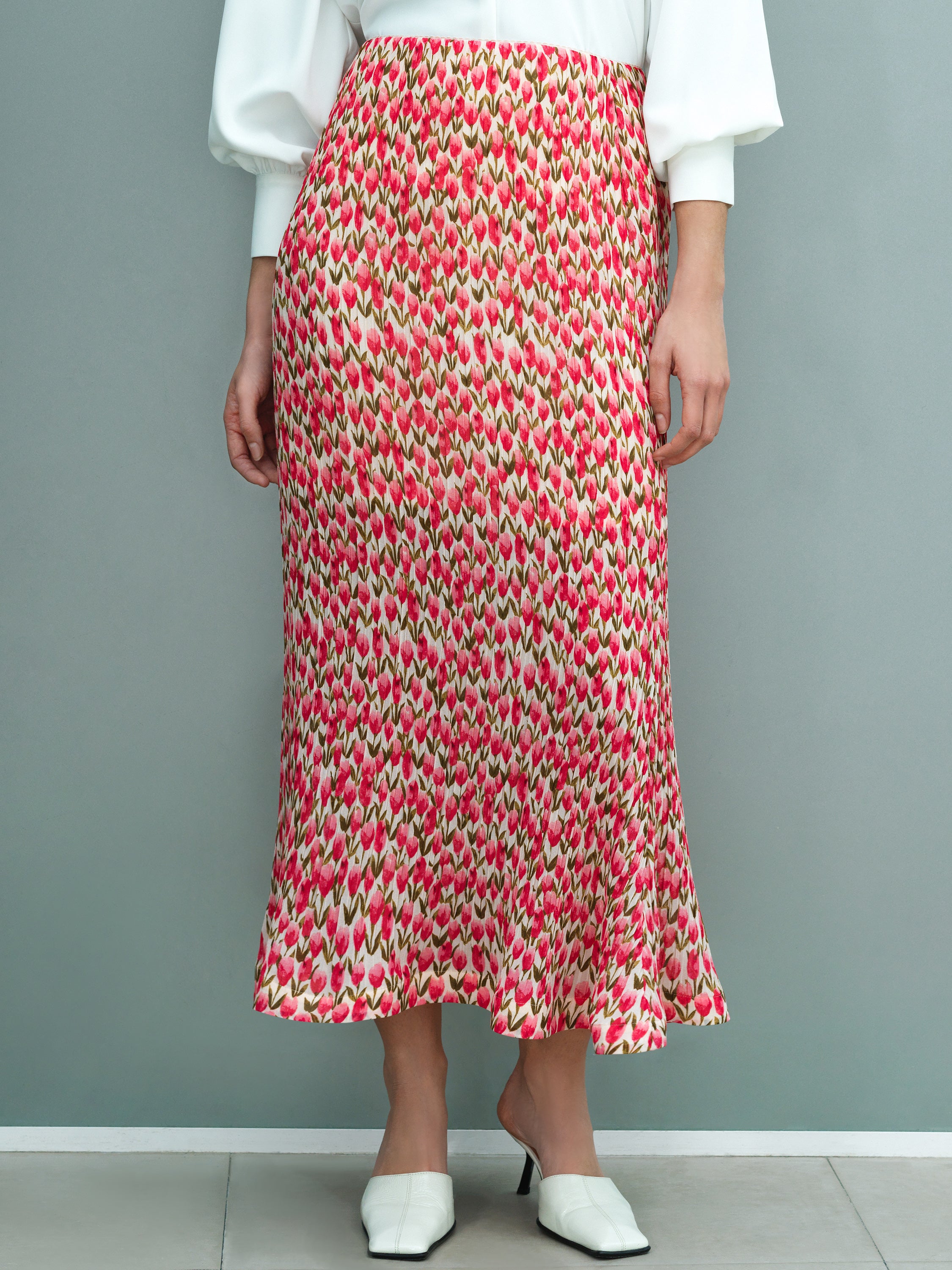 Noelle Floral Plisse Fluted Hem Midi Skirt