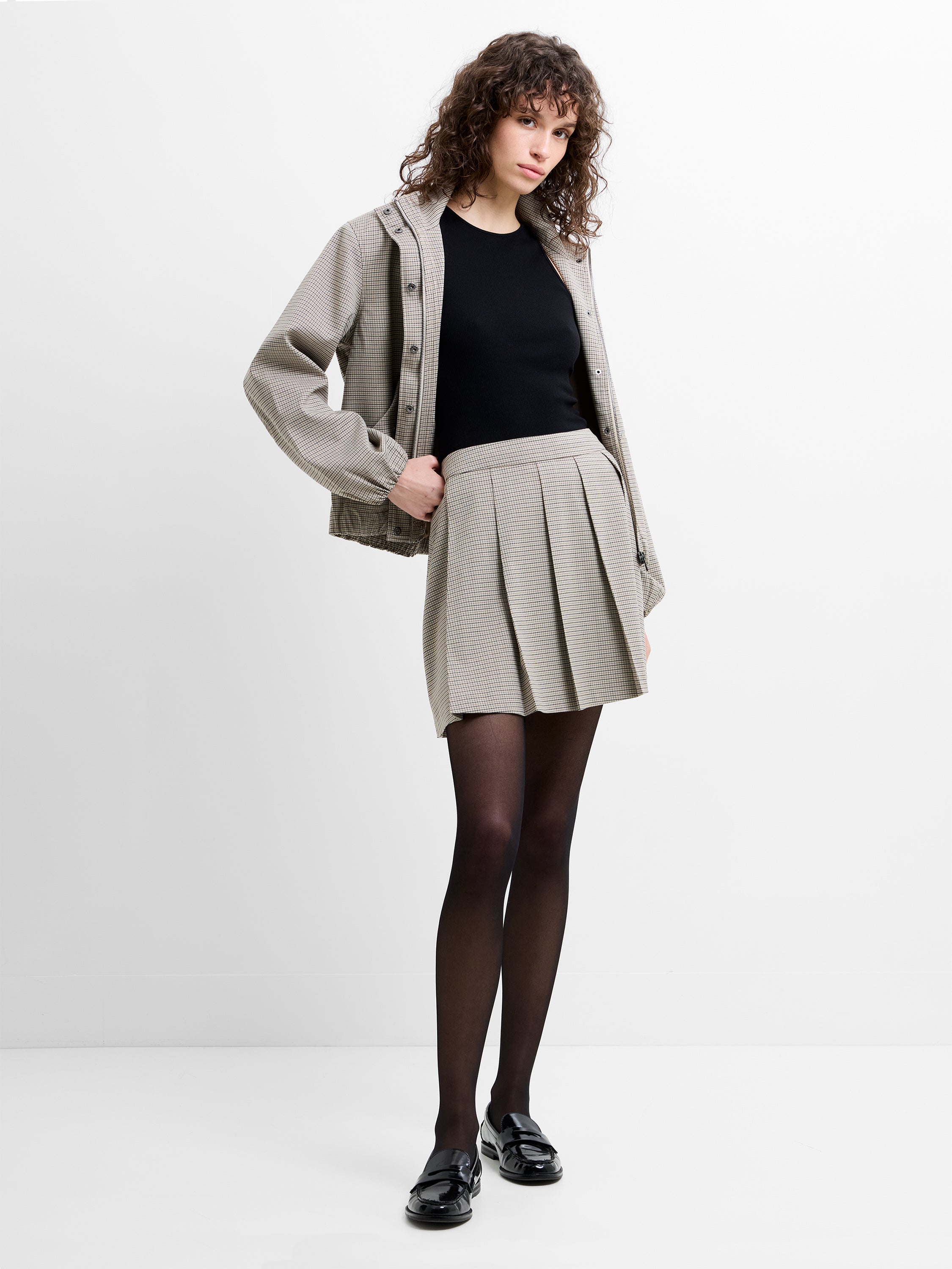 Shayla Prince of Wales Check Pleated Mini Skirt Beige Brown Checks