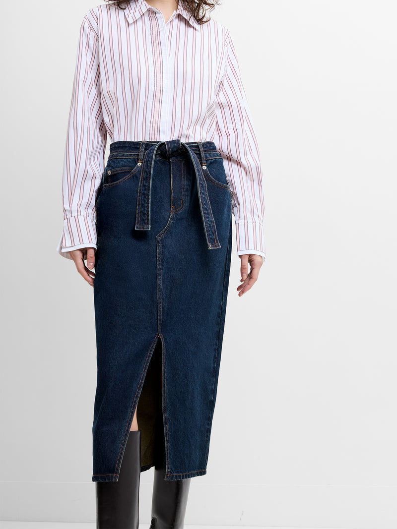Dallas Denim Belted Midi Skirt