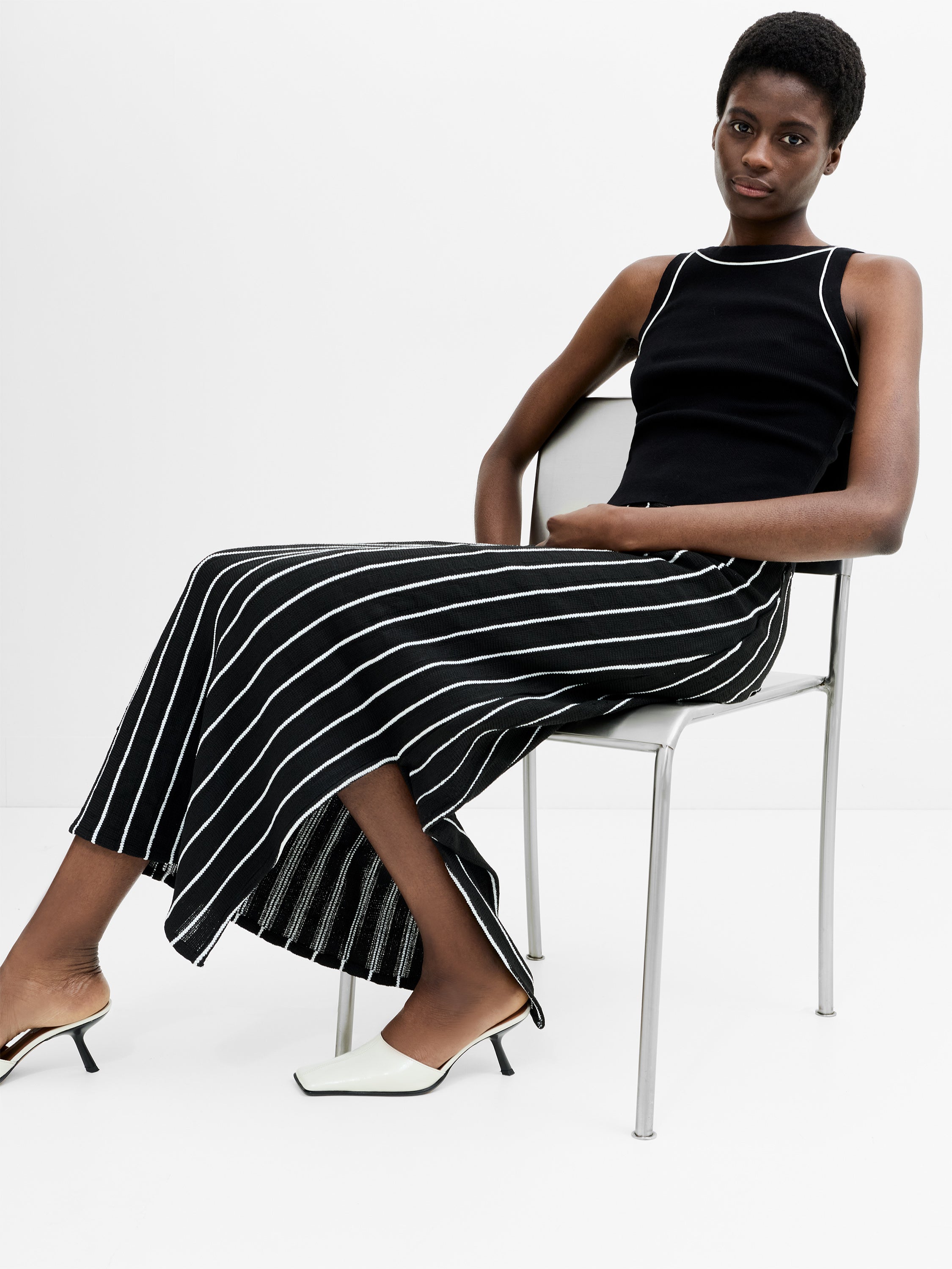Crochet Knit Striped Black Maxi Skirt Black/Summer White | French
