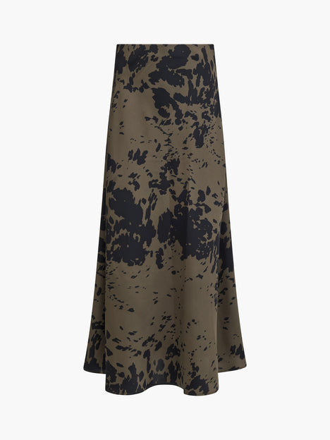 Aria Satin Khaki Green Floral Midi Skirt