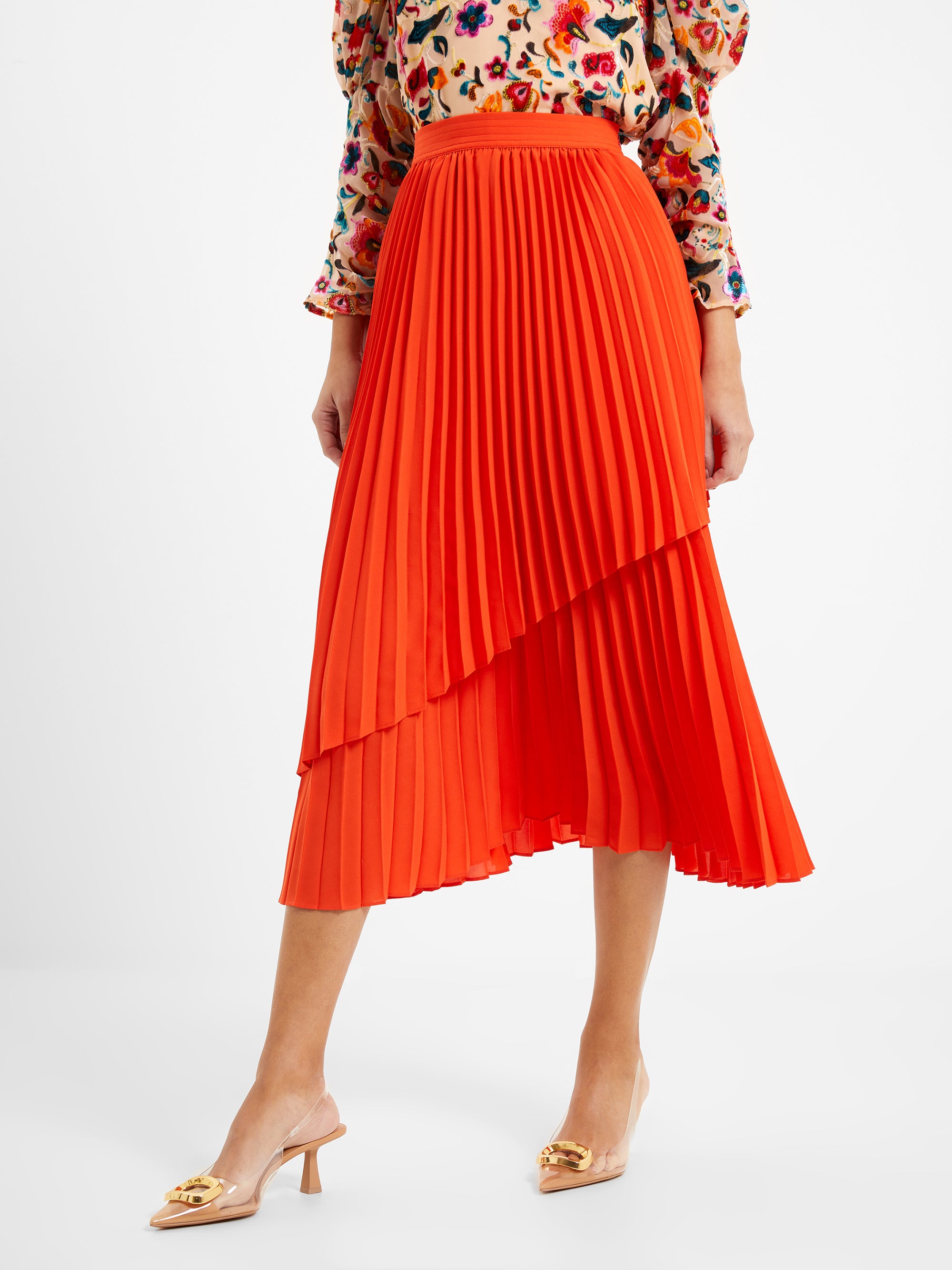 Arie Pleated Midi Skirt Mandarin Red French Connection UK