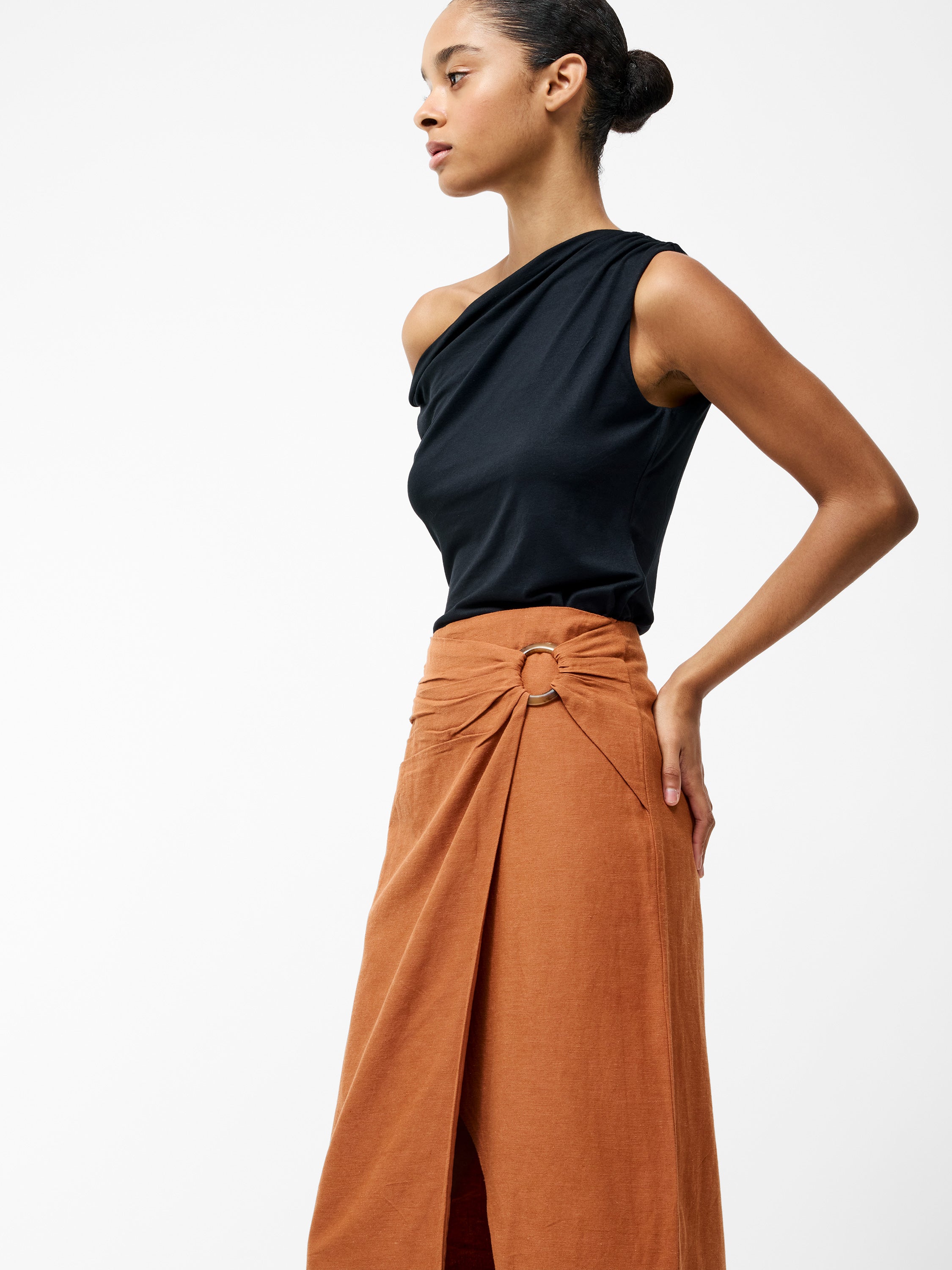 Ariette Linen Blend Slit Midi Skirt