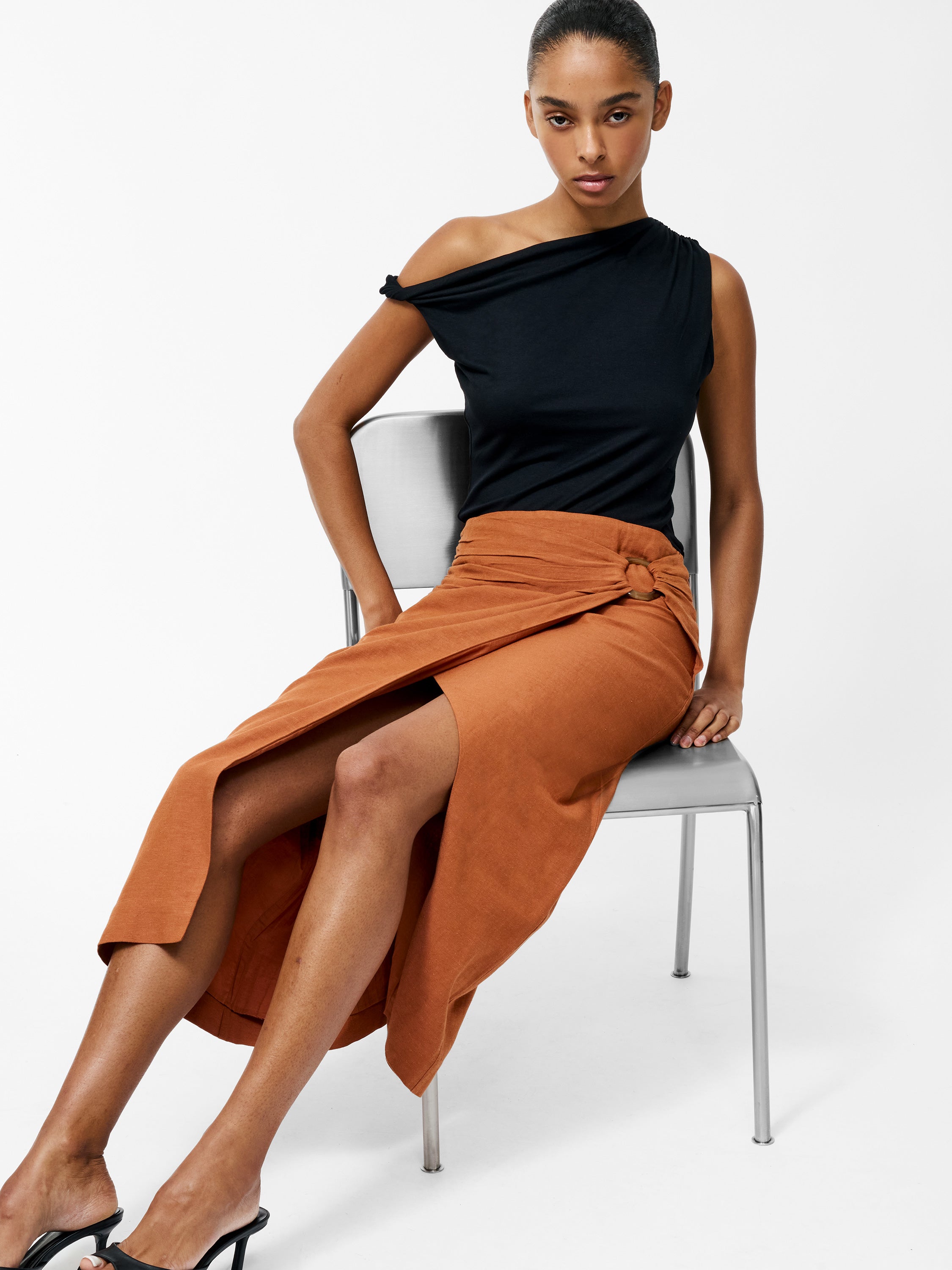 Ariette Linen Blend Slit Midi Skirt