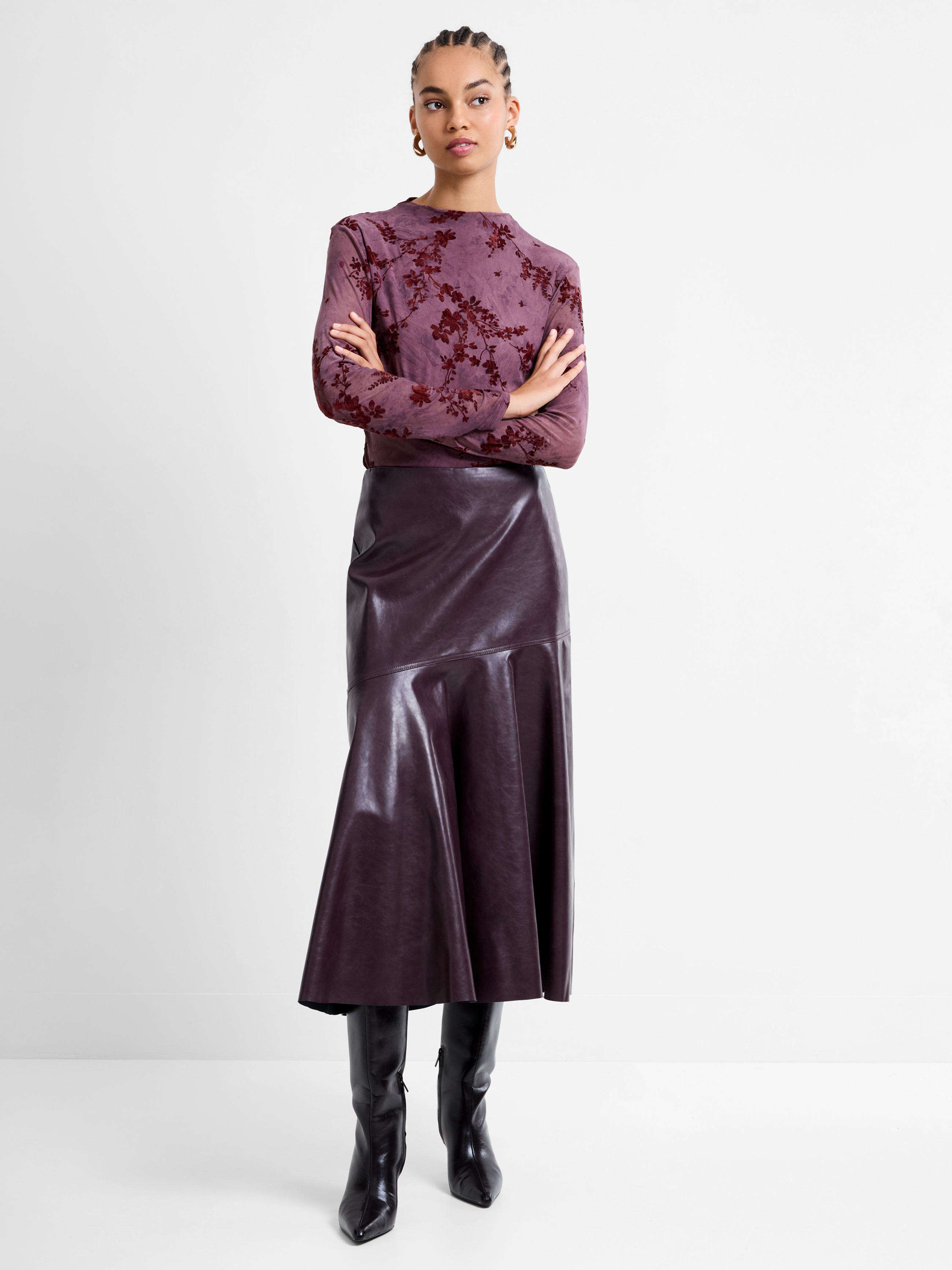 Kayleigh Pu Fluted Midi Skirt Bordeaux Red | French Connection UK