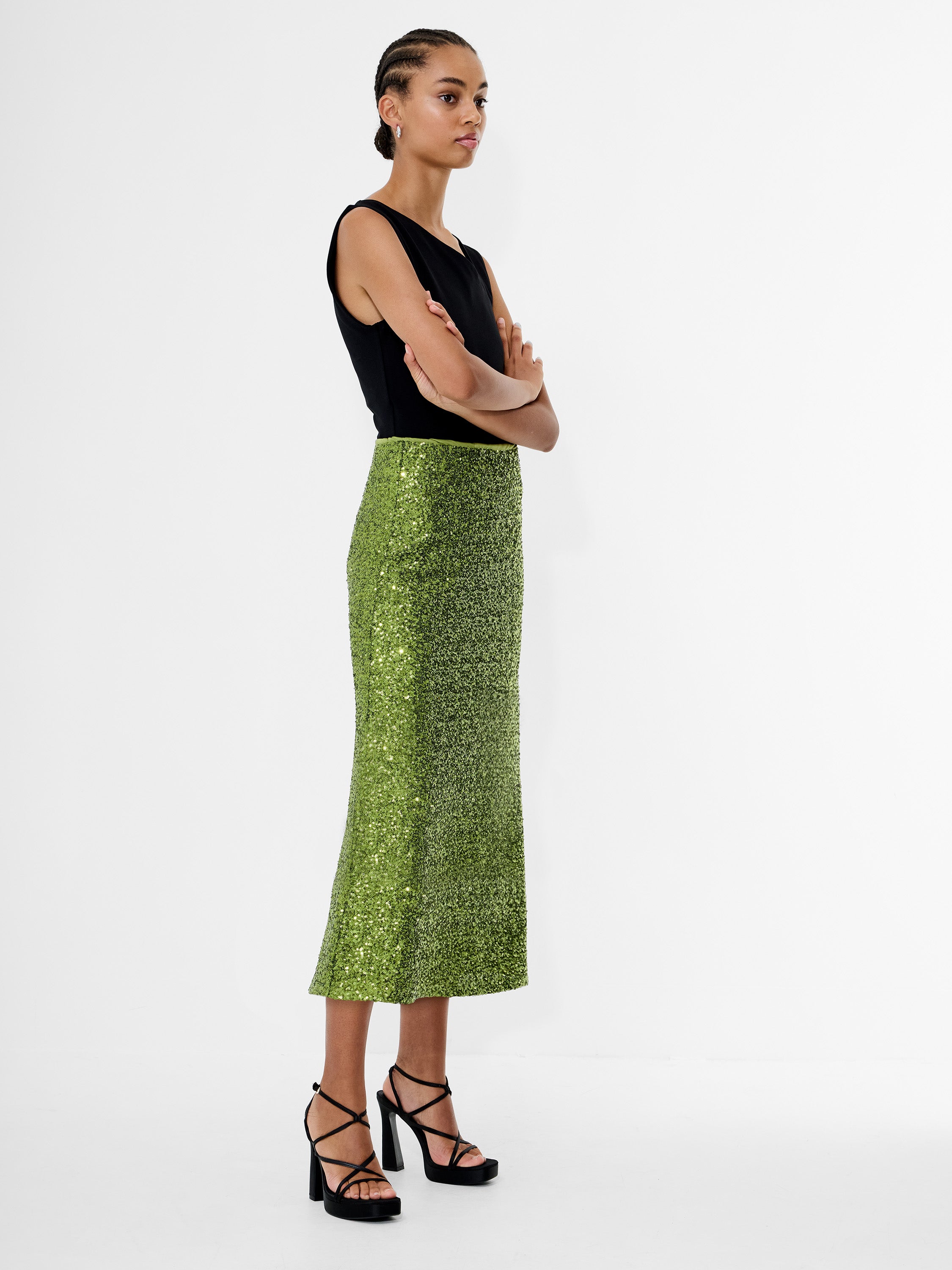 Elena Sequin Midi Skirt Winter Olive Green | French Connection UK Elena Sequin Midi Skirt Winter Olive Green | French Connection UK