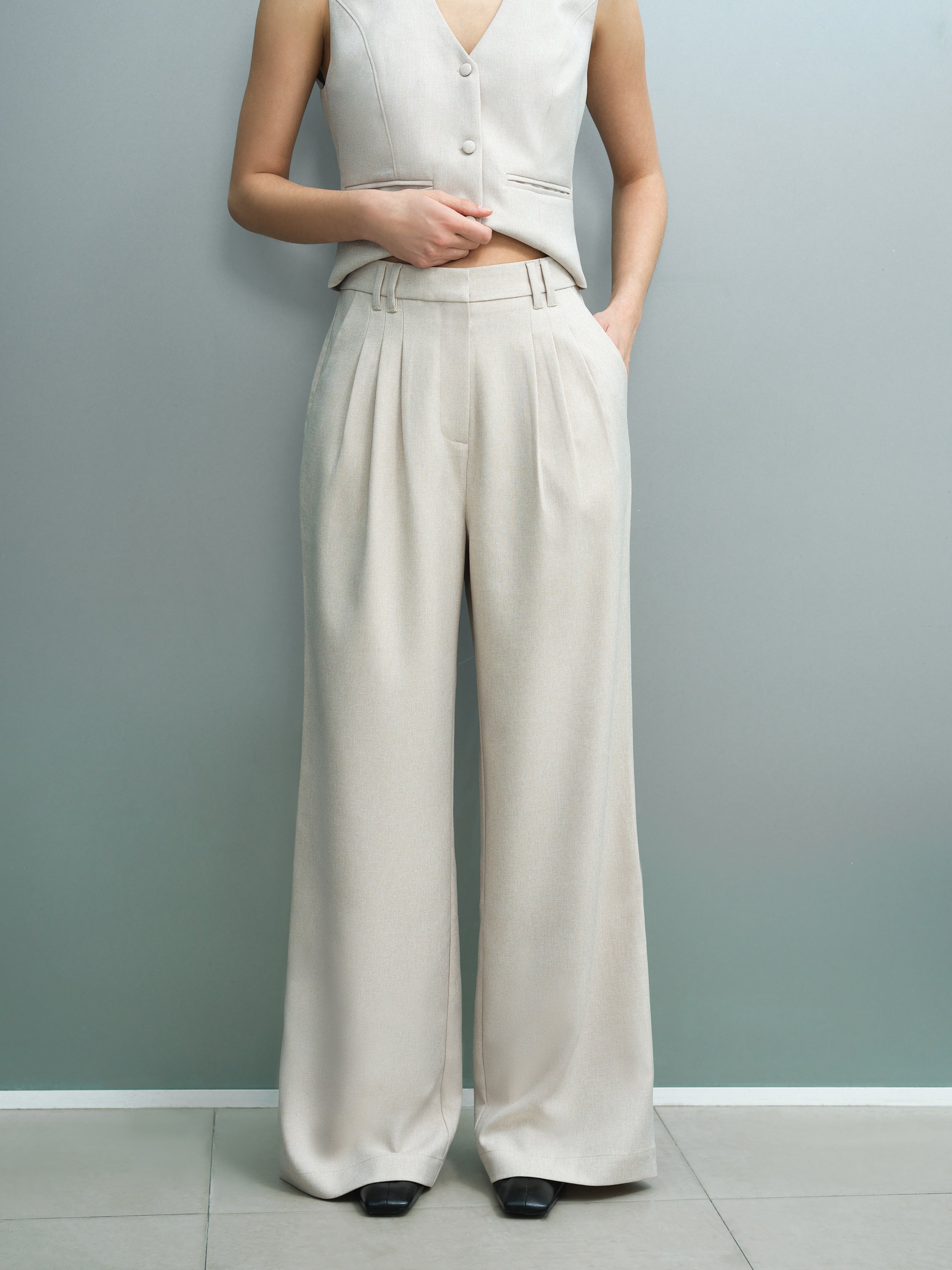 Misha Tailored Pleated Beige Wide Leg Trousers