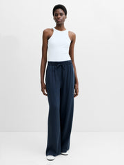 Yassie Pull-On Drawstring Navy Blue Barrel Leg Trousers