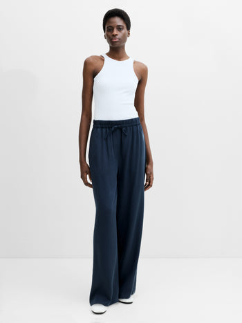 Yassie Pull-On Drawstring Navy Blue Barrel Leg Trousers