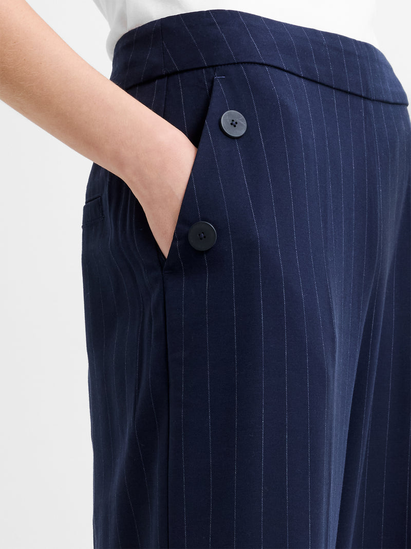 Alia Pinstripe Button Detail Wide Leg Trousers