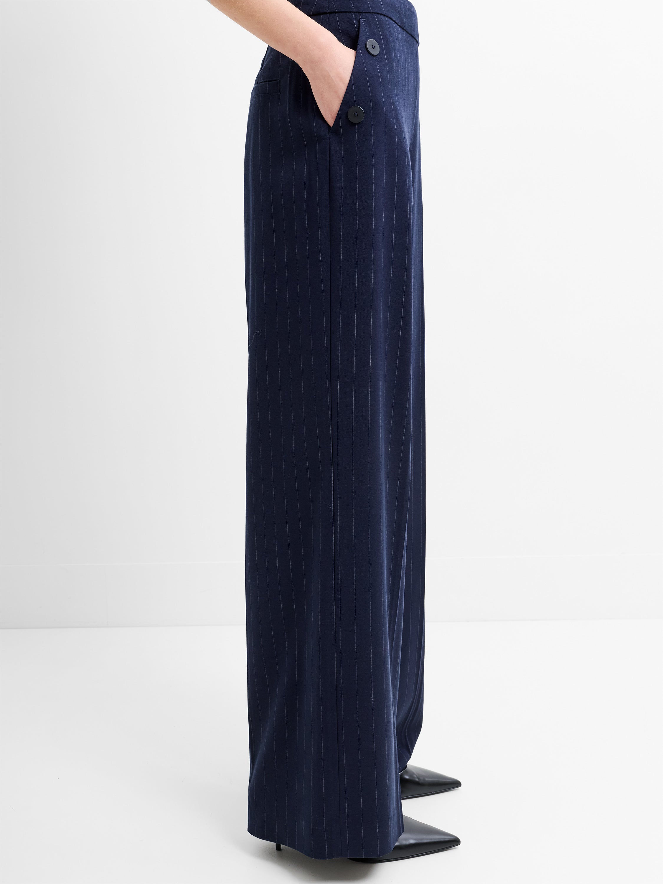 Alia Pinstripe Button Detail Wide Leg Trousers