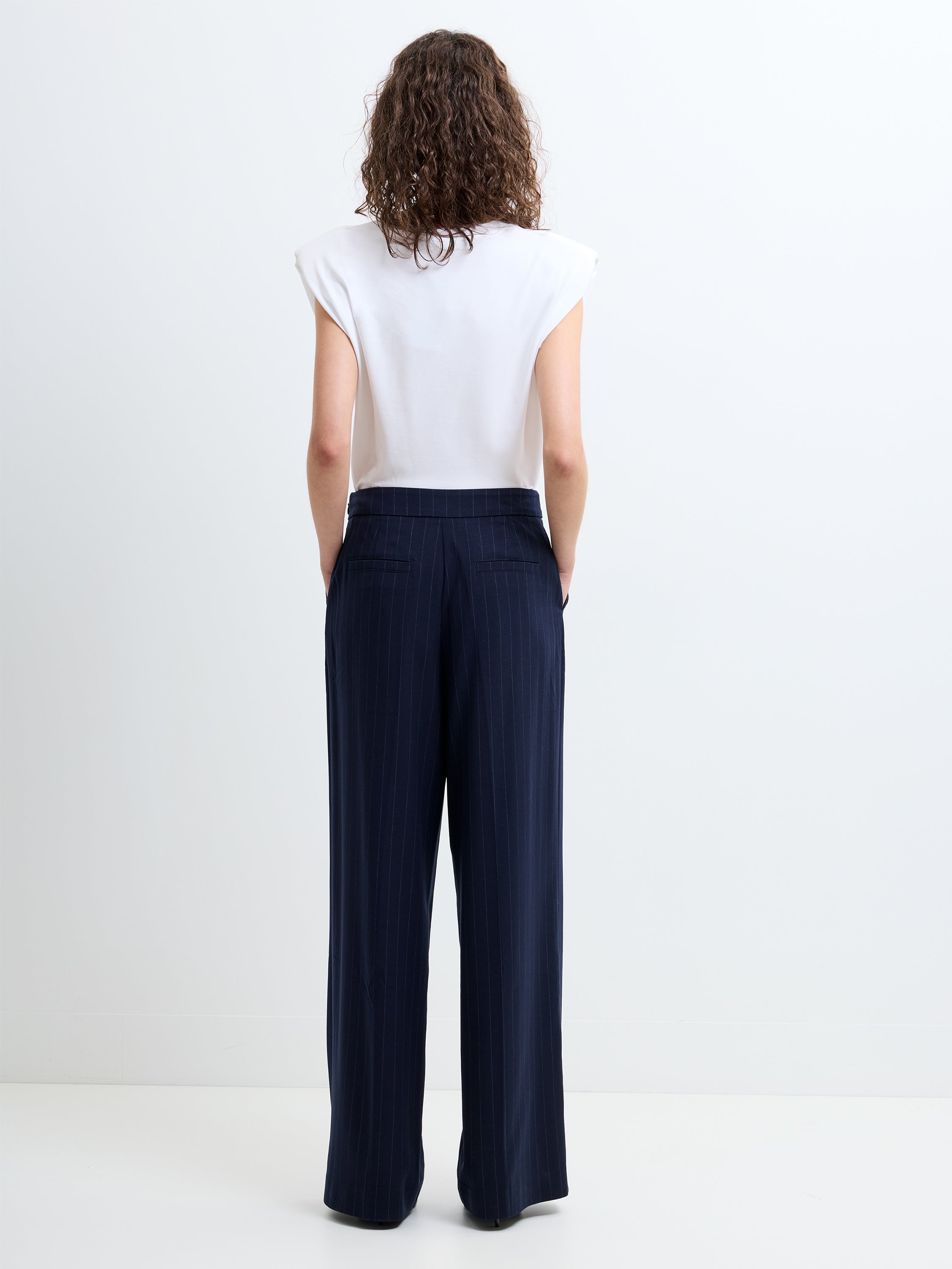 Alia Pinstripe Button Detail Wide Leg Trousers
