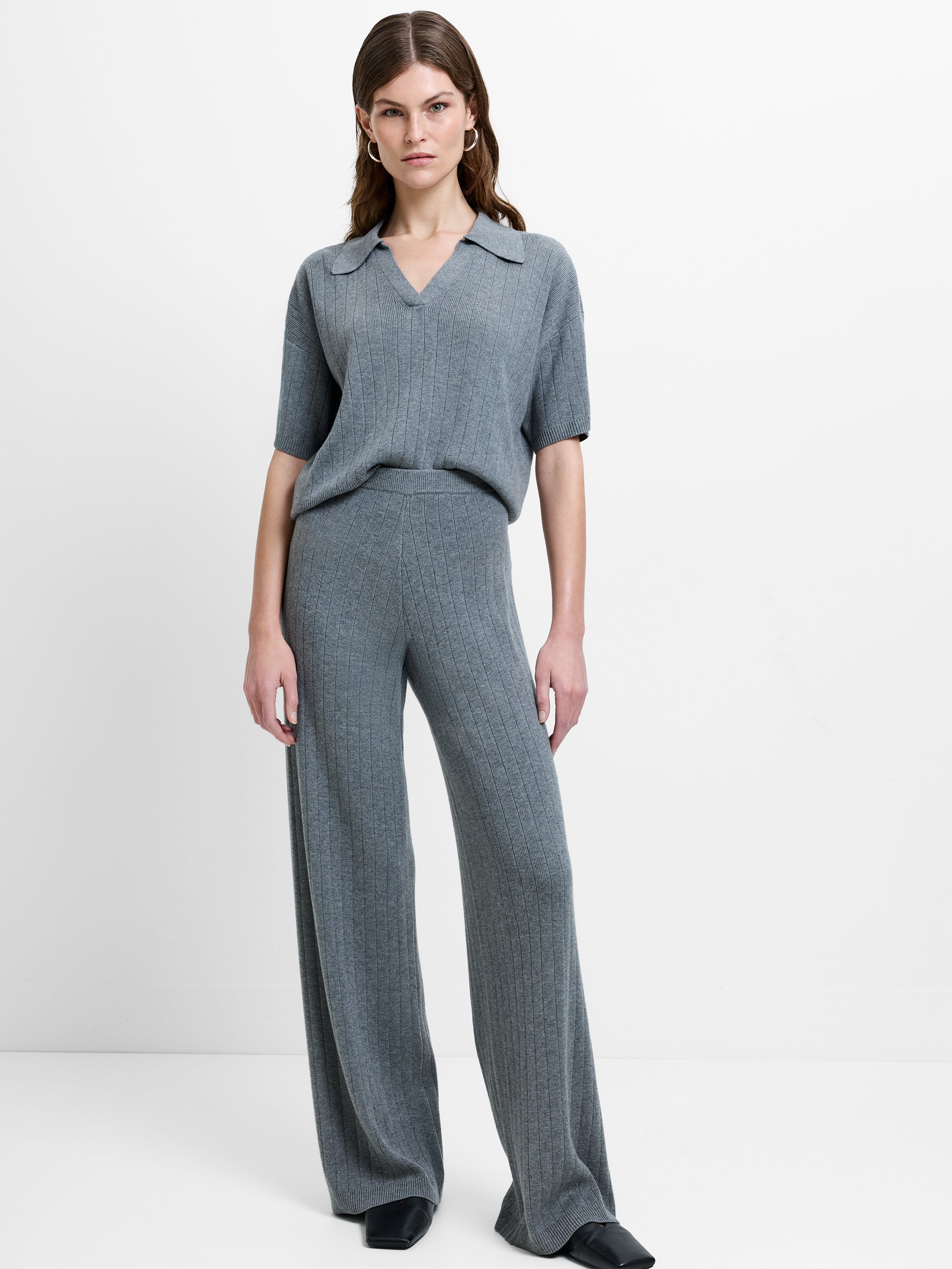 Javier Grey Knit Wide Leg Trousers Medium Heather Grey | French