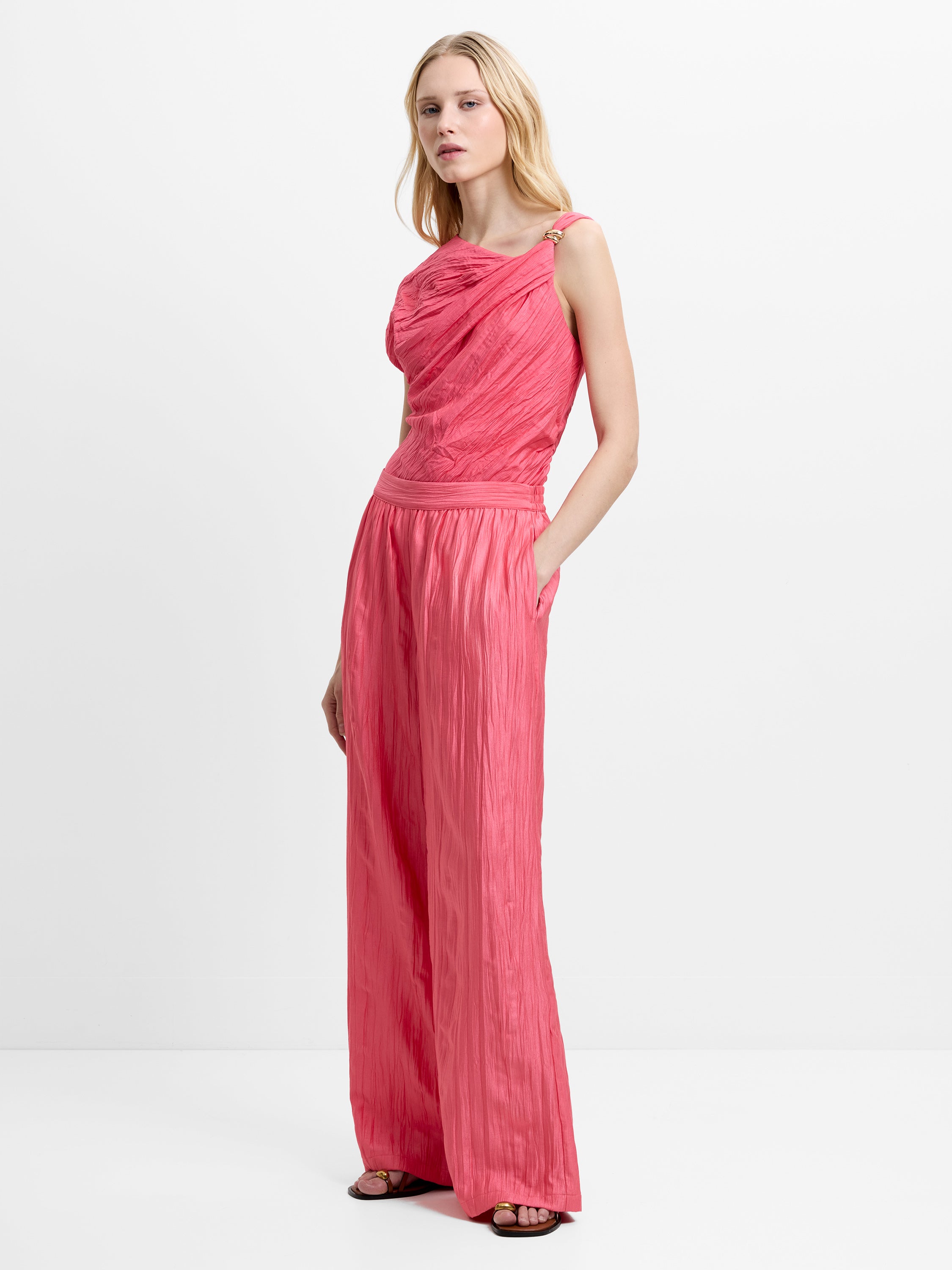 Novie Crinkle Pink Wide Leg Trousers