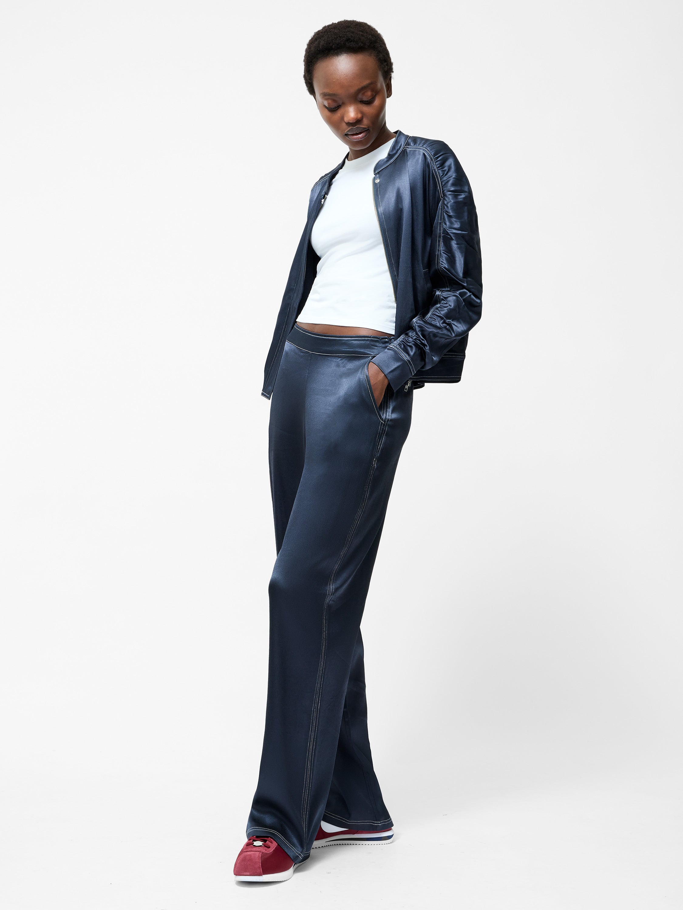 Akita Satin Wide Leg Trousers Navy | French Connection UK