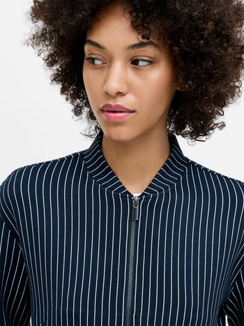 Wren Pinstripe Navy Blue Bomber Jacket