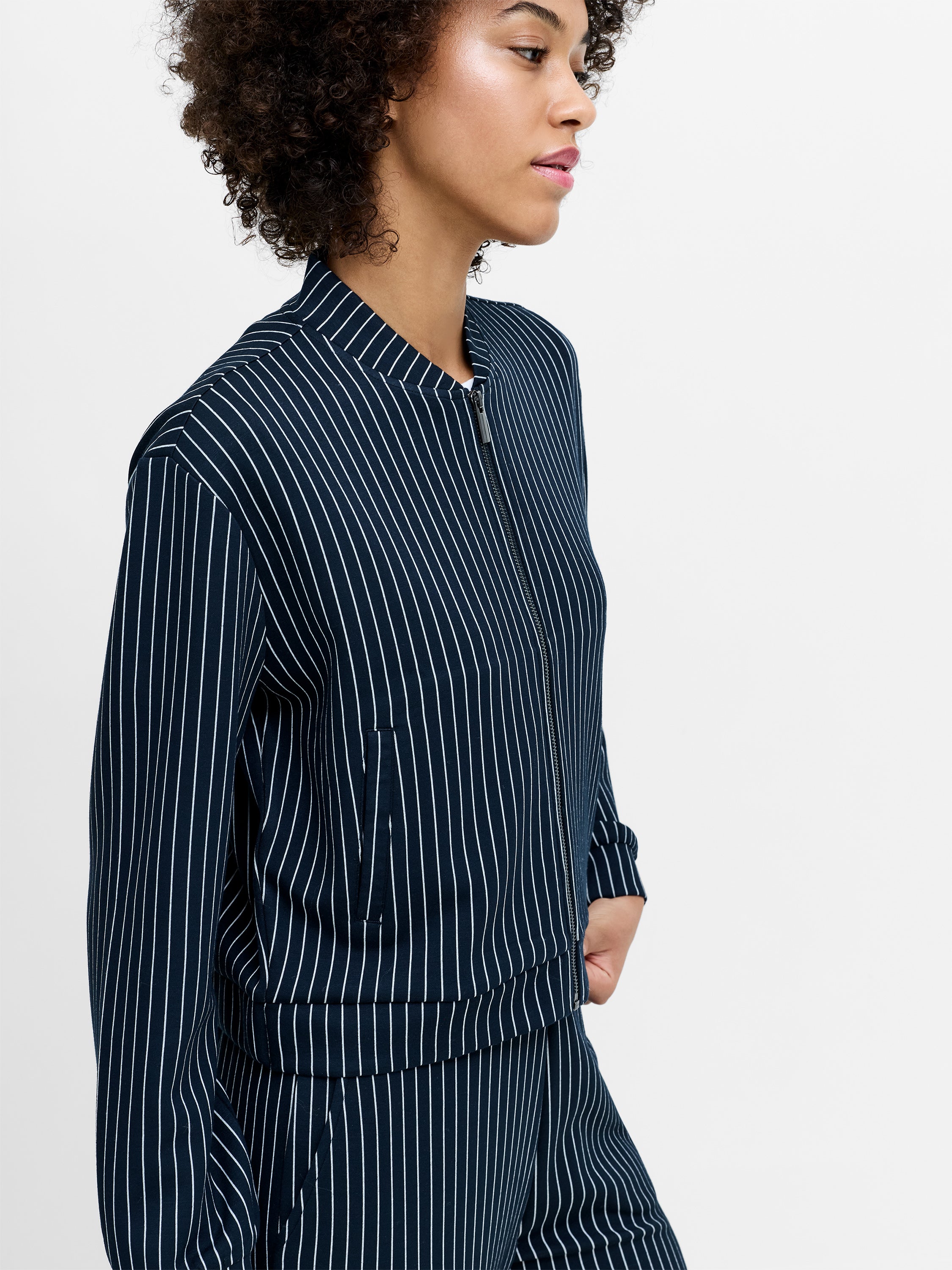 Wren Pinstripe Navy Blue Bomber Jacket