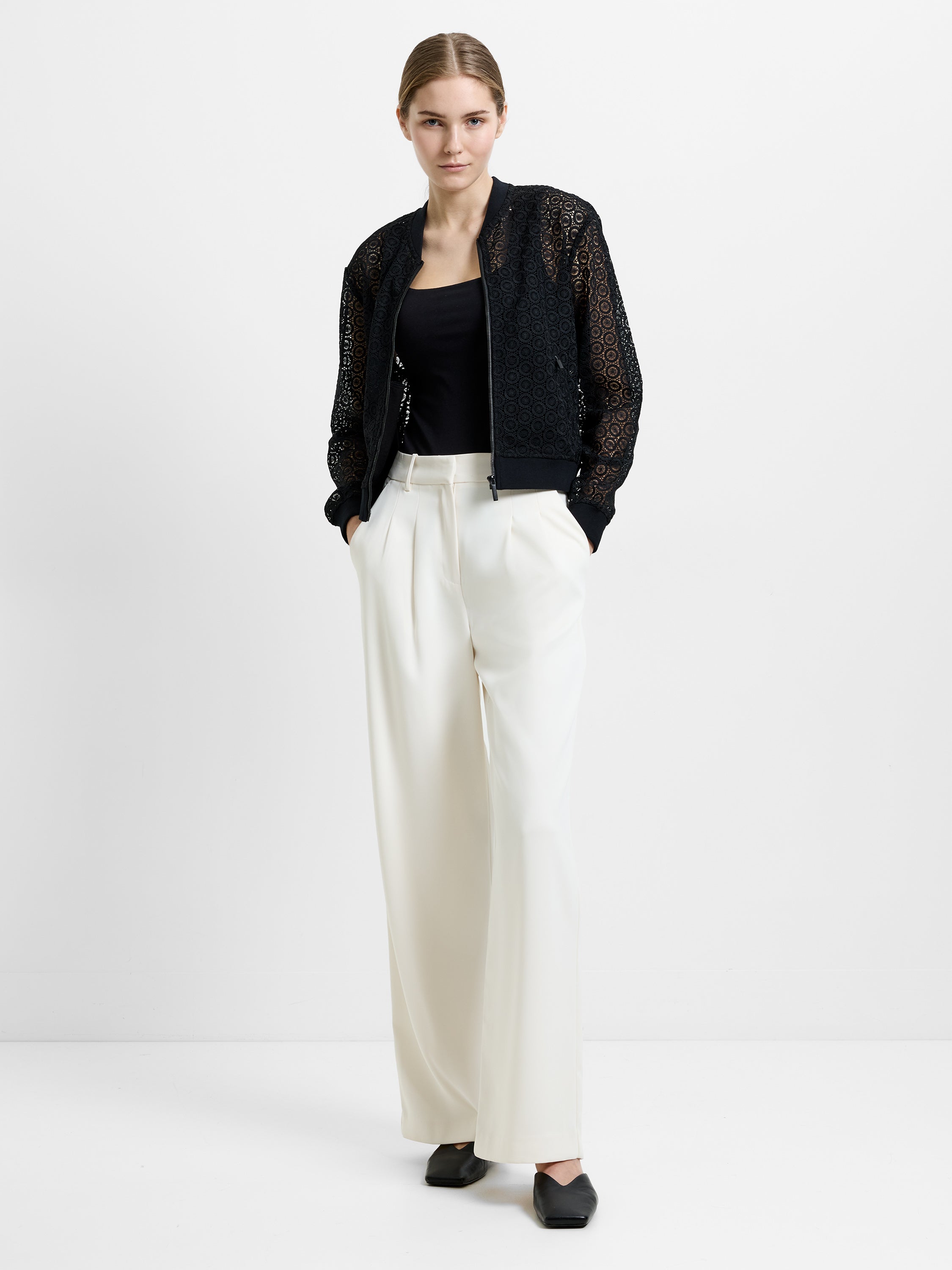 Krista Lace Mix Knit Bomber Jacket Black | French Connection UK