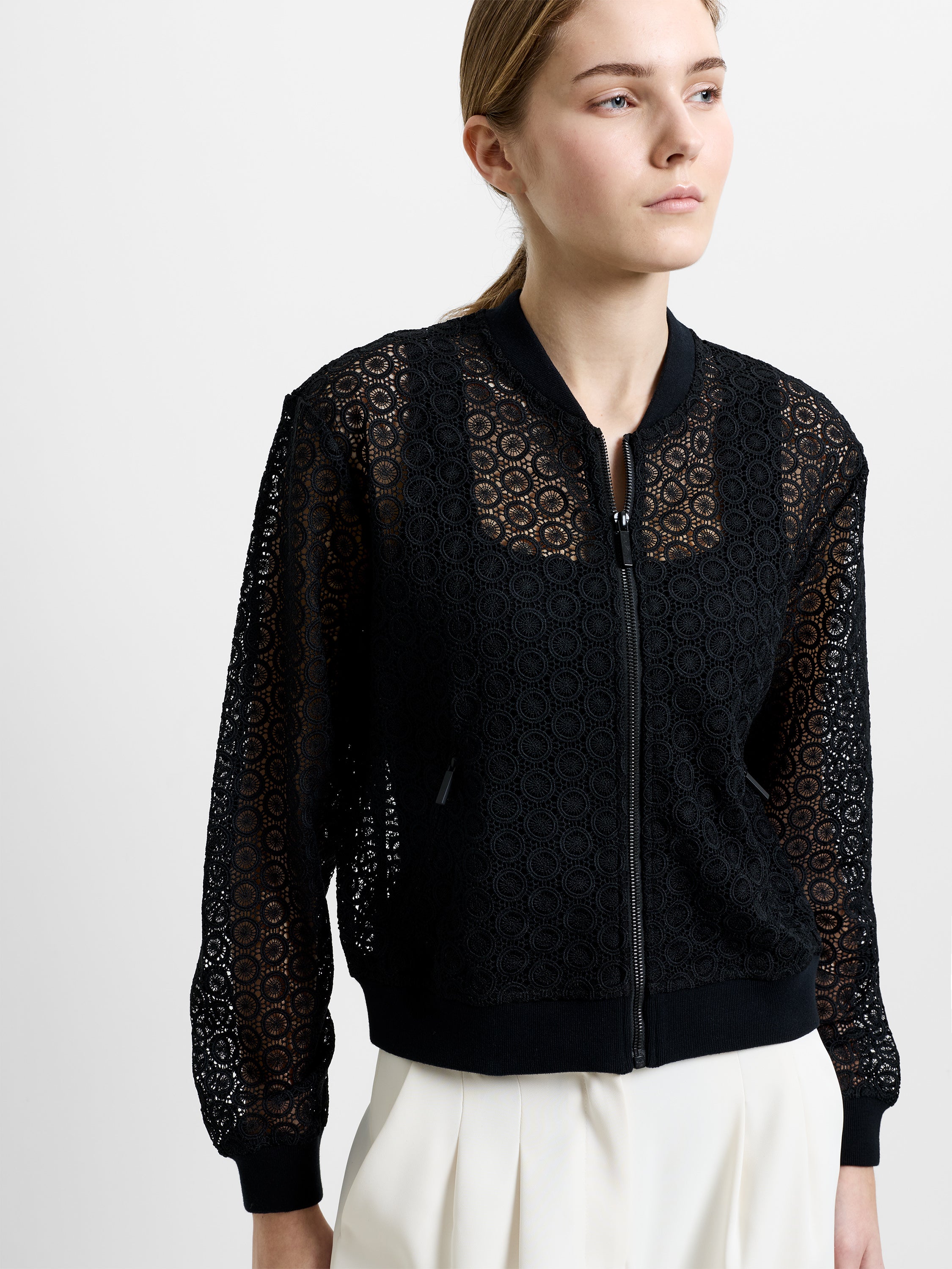 Krista Lace Mix Knit Bomber Jacket Black | French Connection UK
