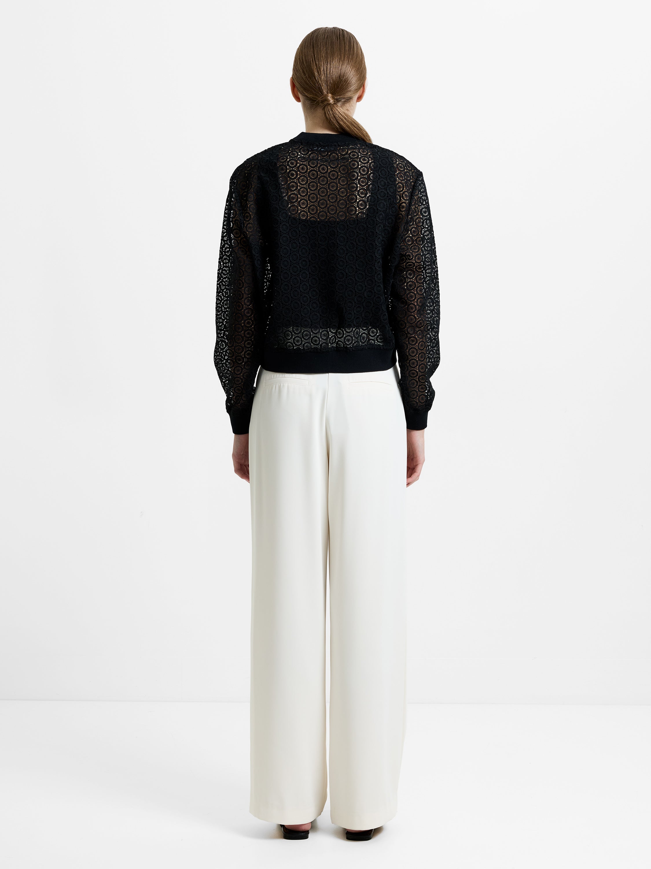 Krista Lace Mix Knit Bomber Jacket Black | French Connection UK