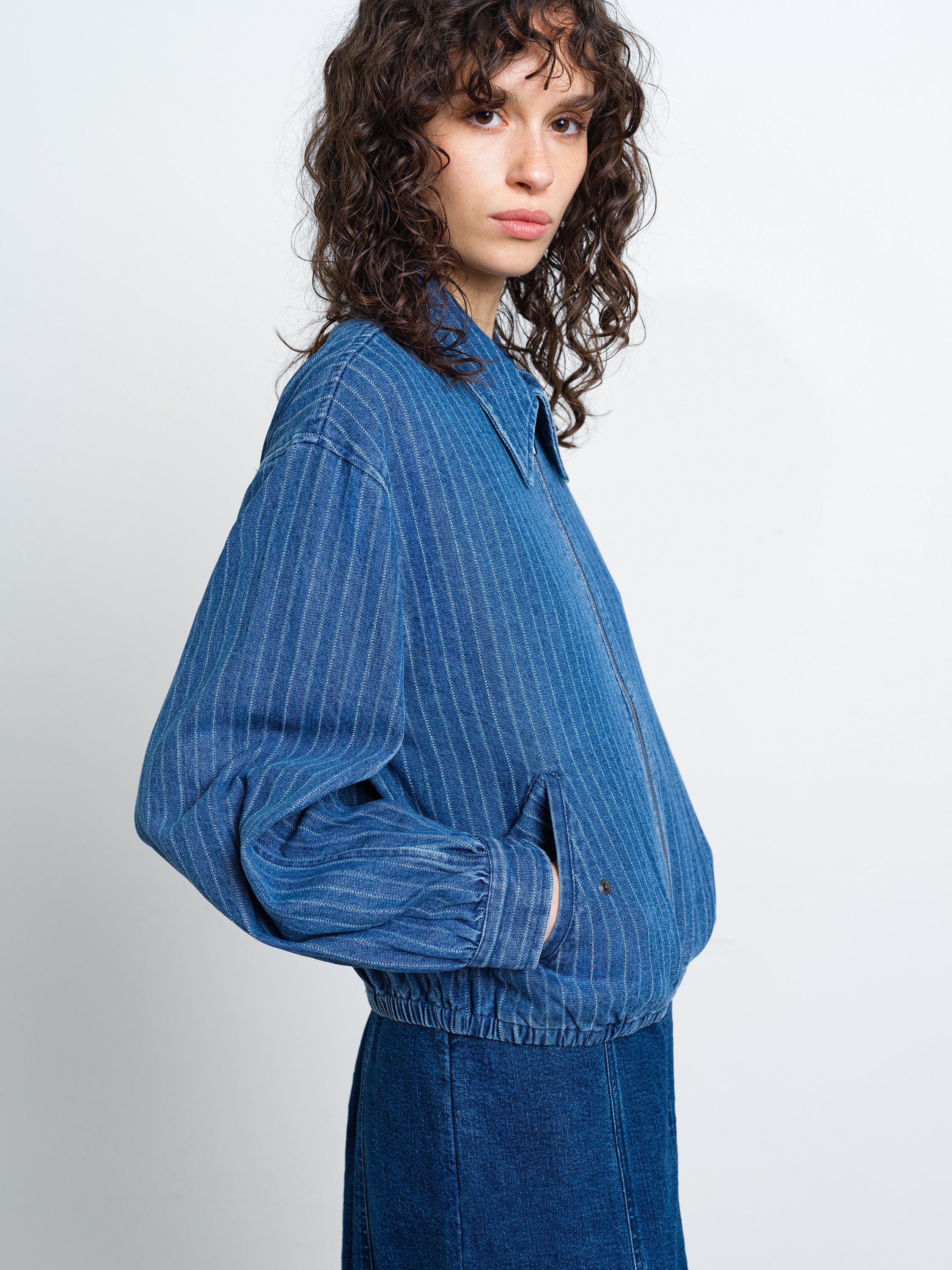 Cherrie Pinstripe Denim Bomber Jacket