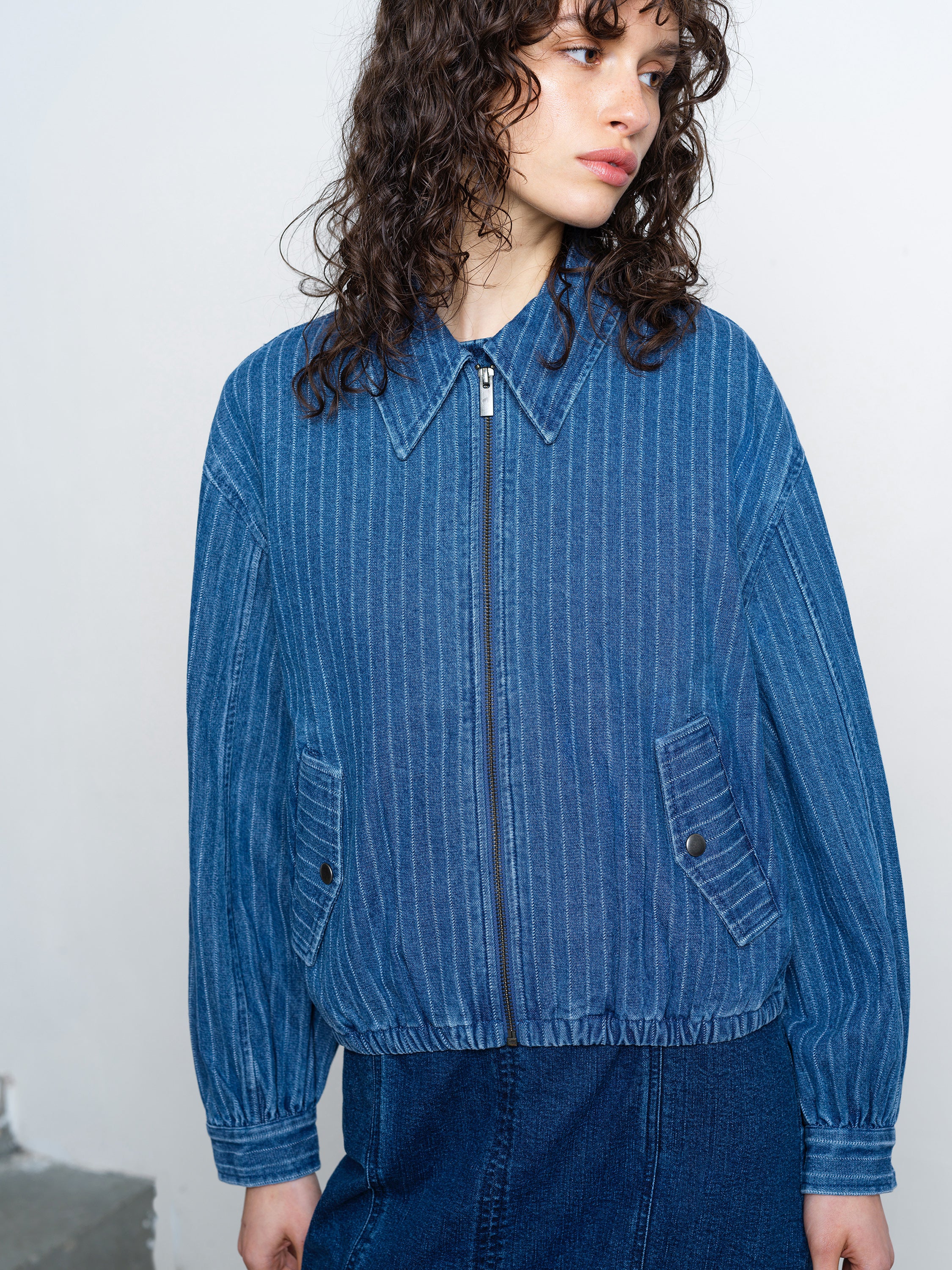 Cherrie Pinstripe Denim Bomber Jacket