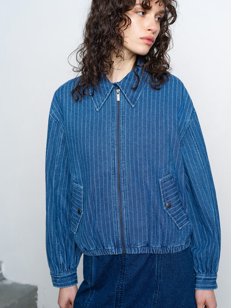 Cherrie Pinstripe Denim Zip Up Bomber Jacket Medium Wash | French