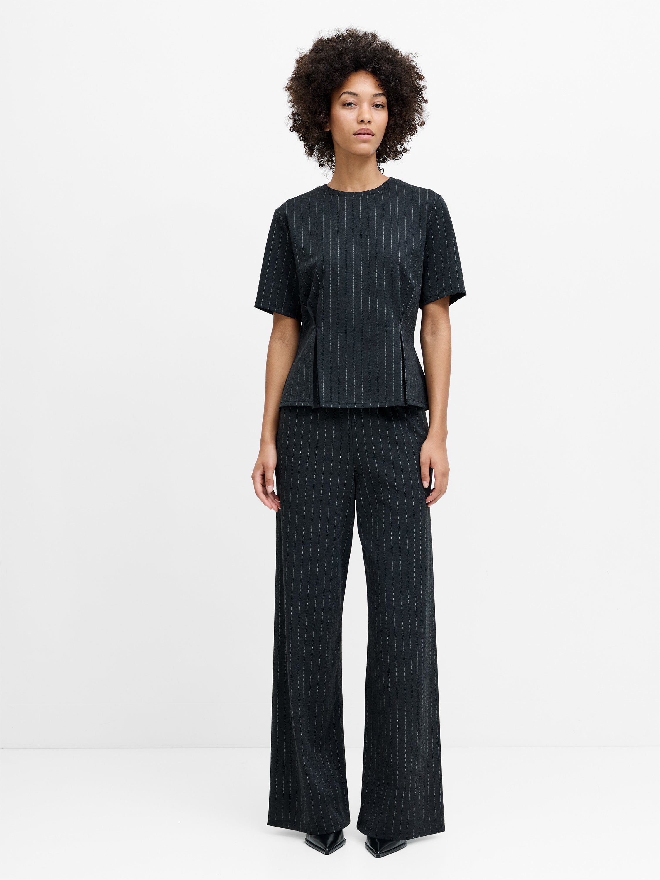 Sarai Grey Pinstripe Pleat Detail T-Shirt