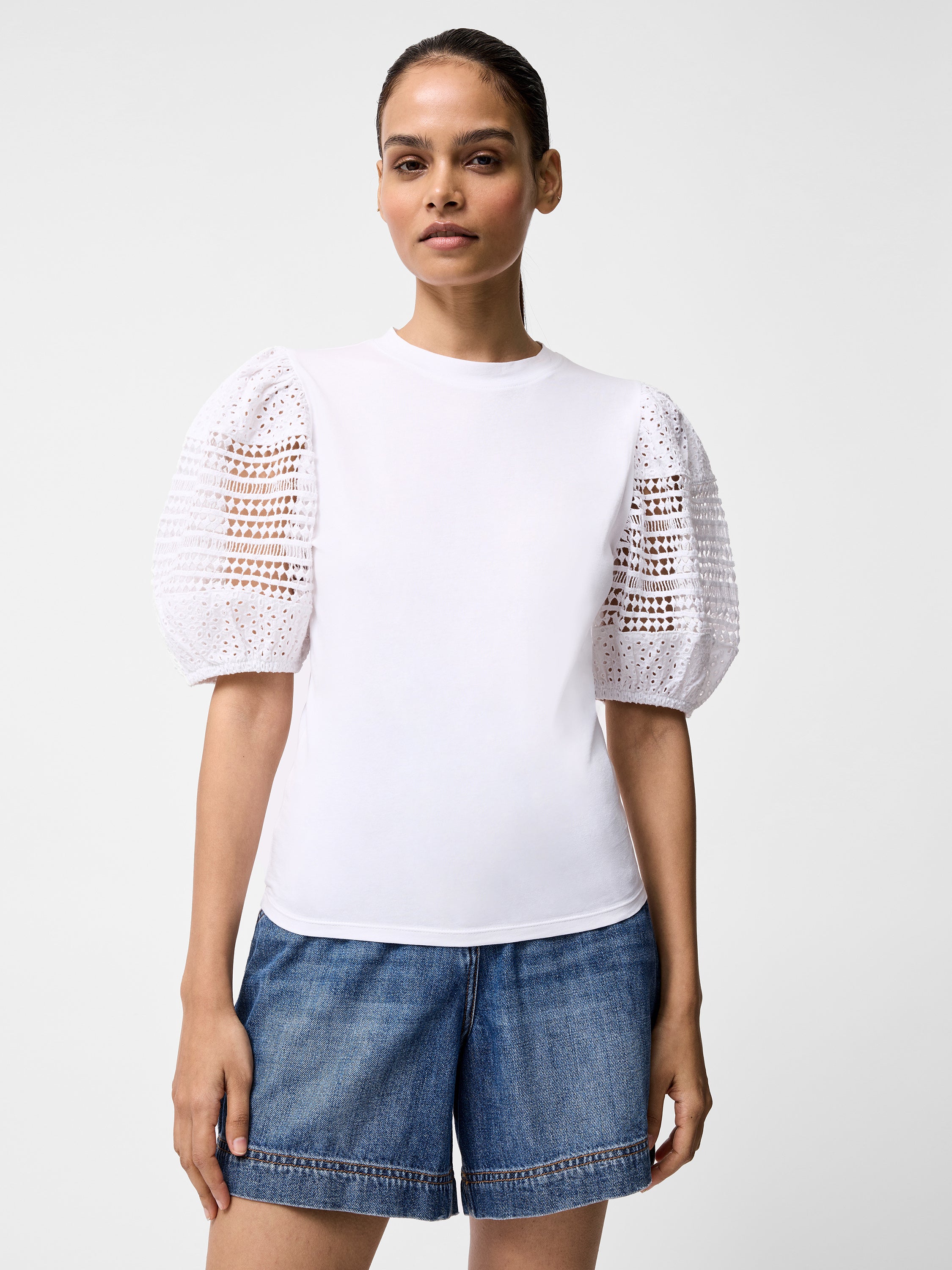 Crochet Lace Puff Sleeve Top Linen White | French Connection UK
