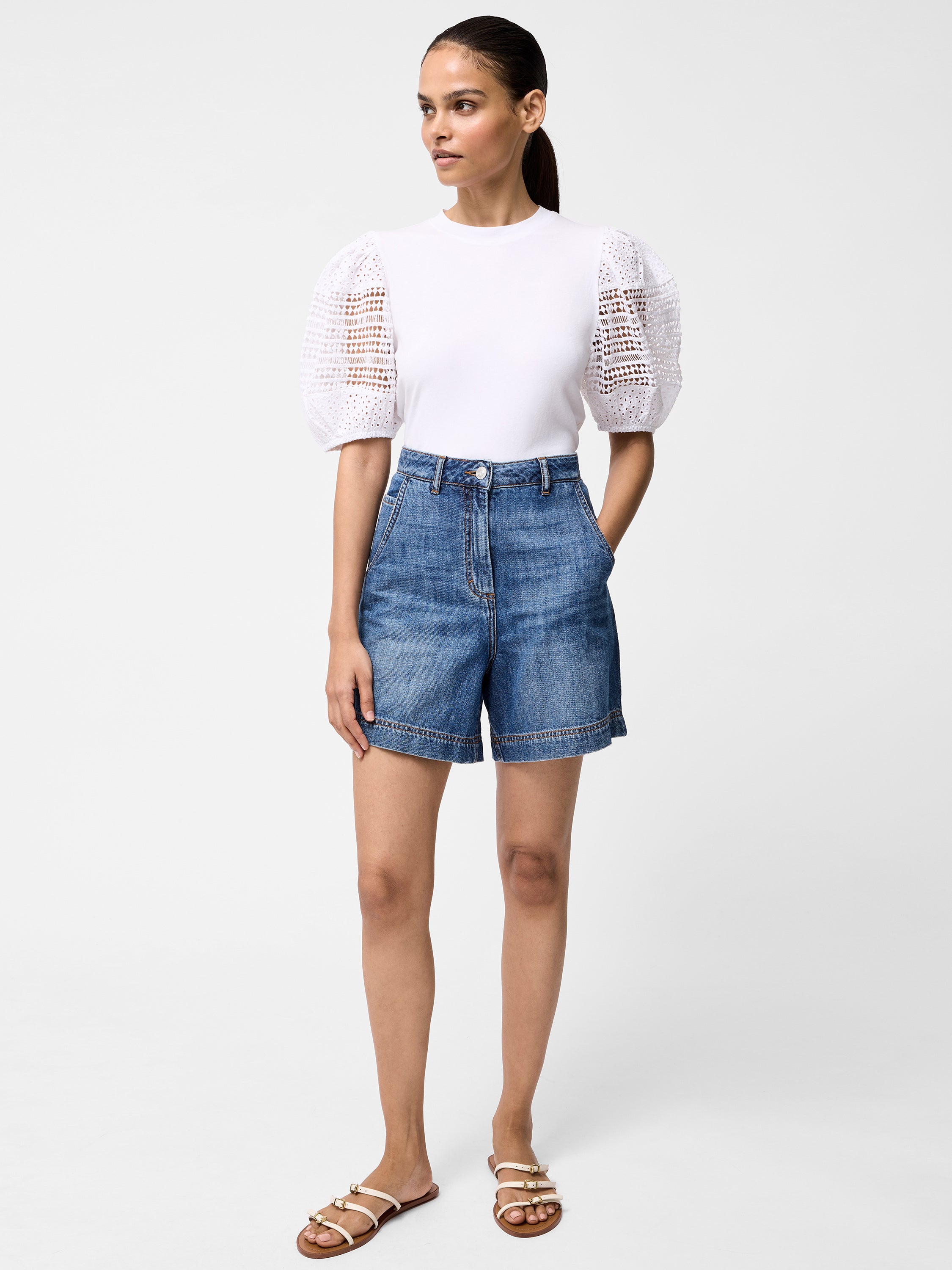 Crochet Lace Puff Sleeve Top Linen White | French Connection UK