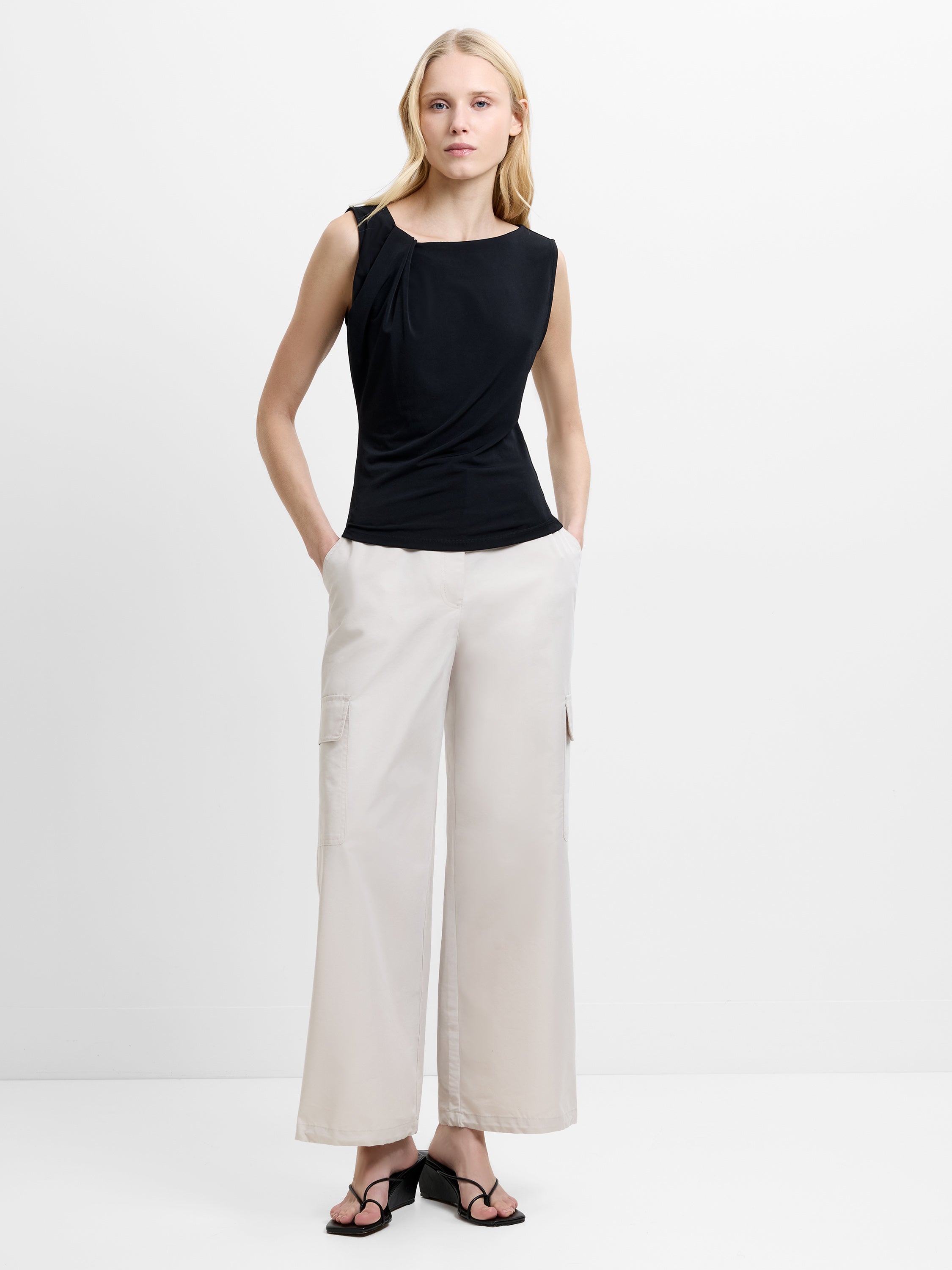 Samira Jersey Sleeveless Asymmetric Black Top