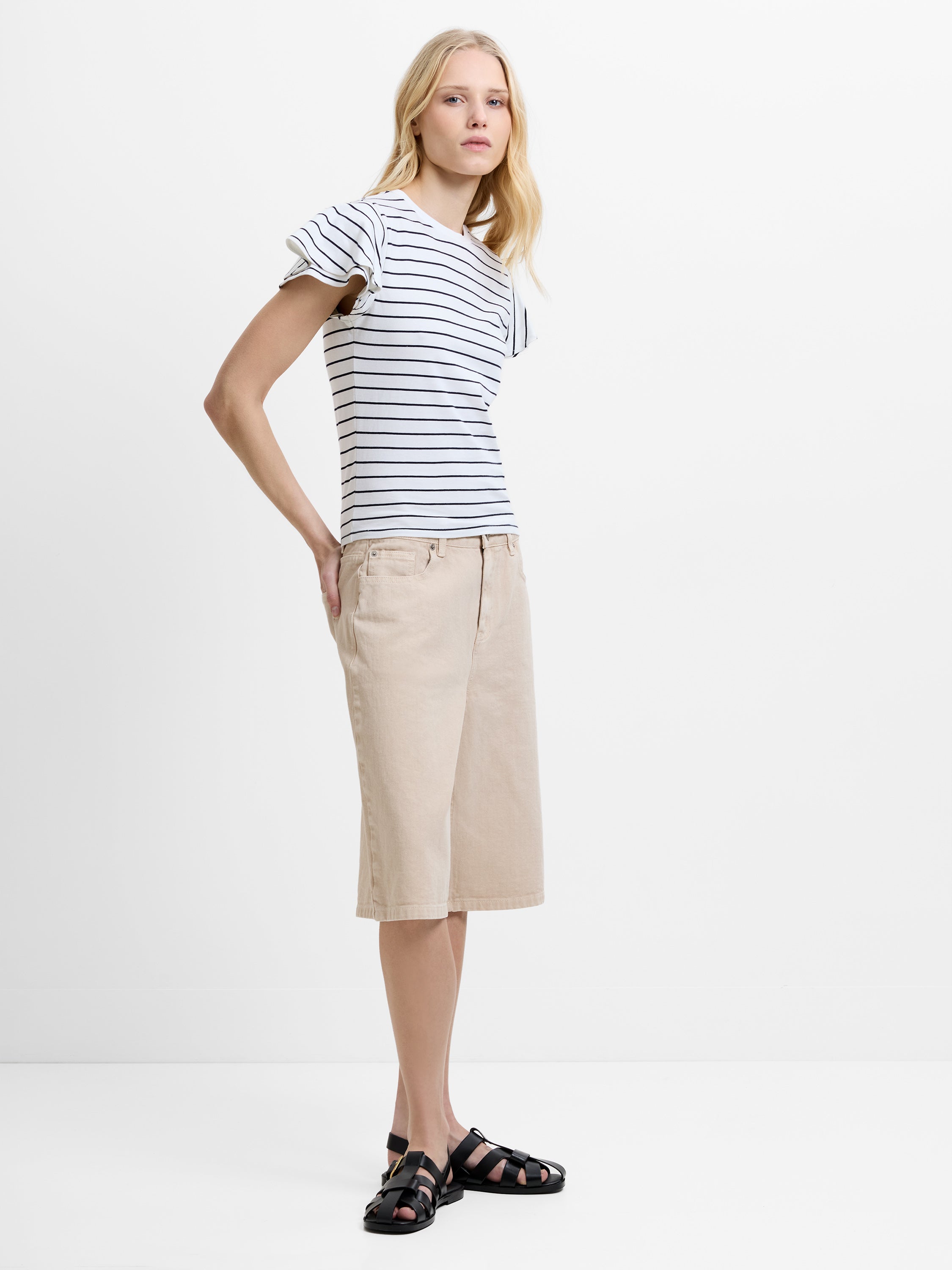 Jersey Monochrome Striped Ruffled Sleeves T-Shirt