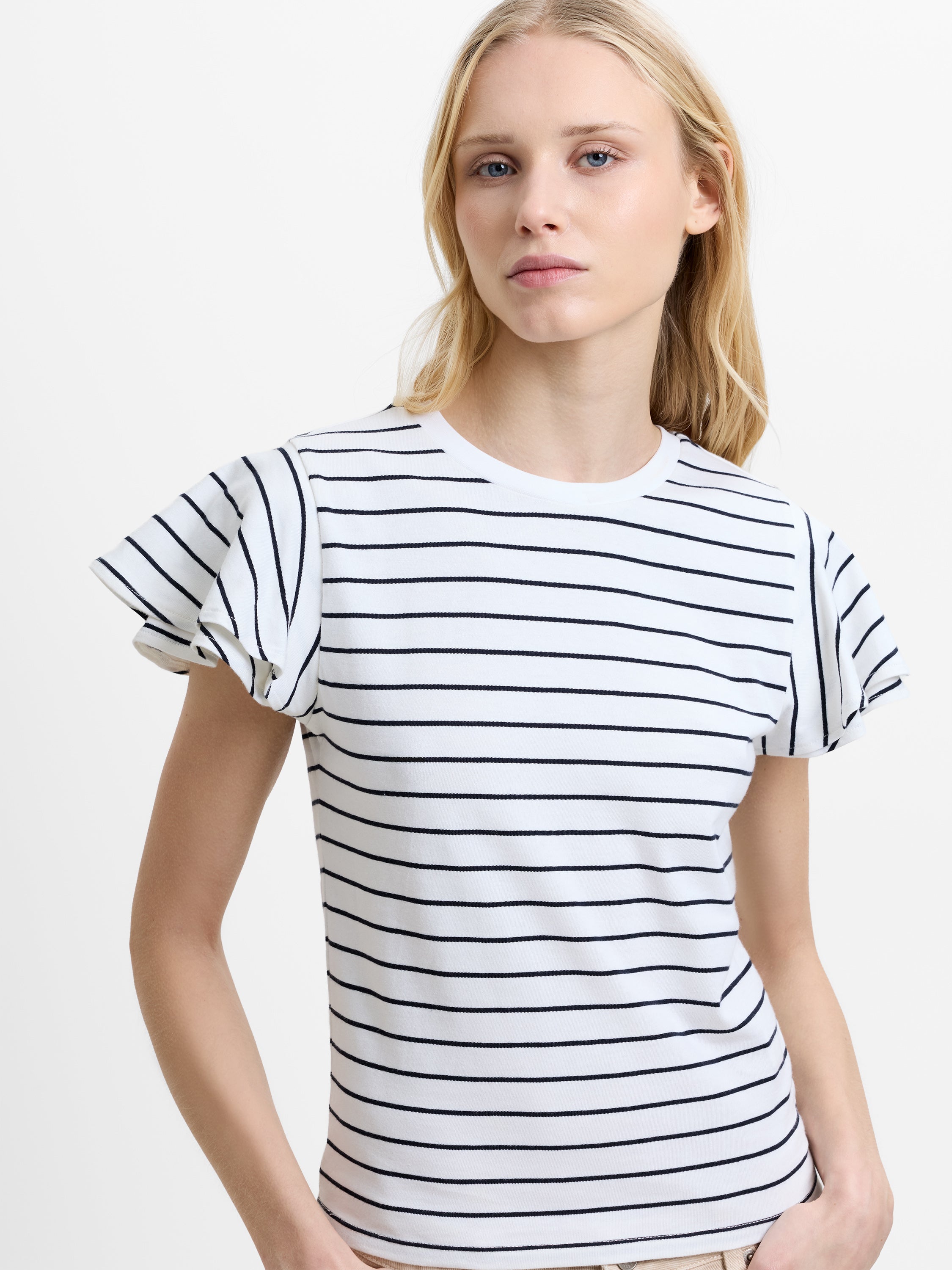 Jersey Monochrome Striped Ruffled Sleeves T-Shirt
